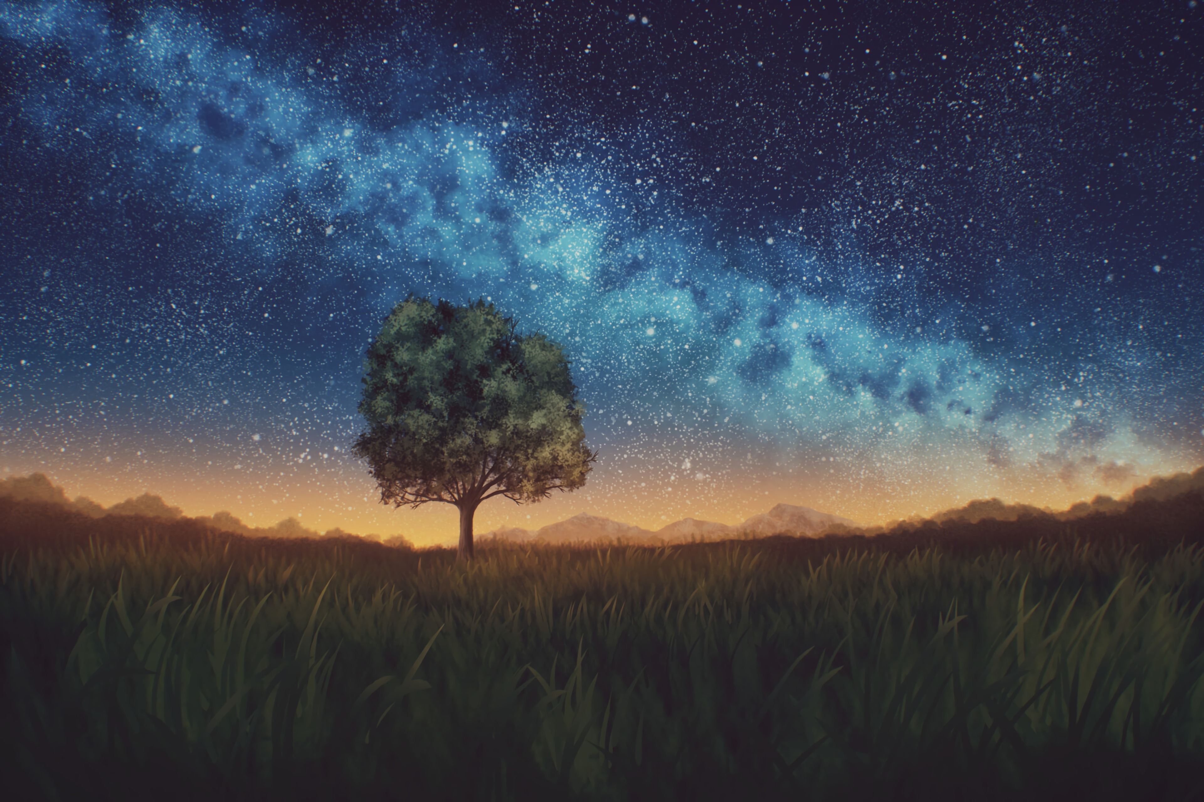 98613 скачать картинку природа, ночь, дерево, темный, звездное небо, лужайка - обои и заставки бесплатно