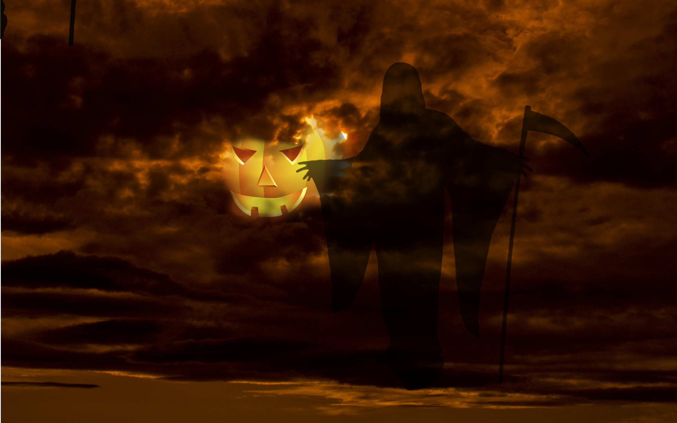 Laden Sie das Halloween, Düster, Wolke, Sensemann, Orange Farbe)-Bild kostenlos auf Ihren PC-Desktop herunter