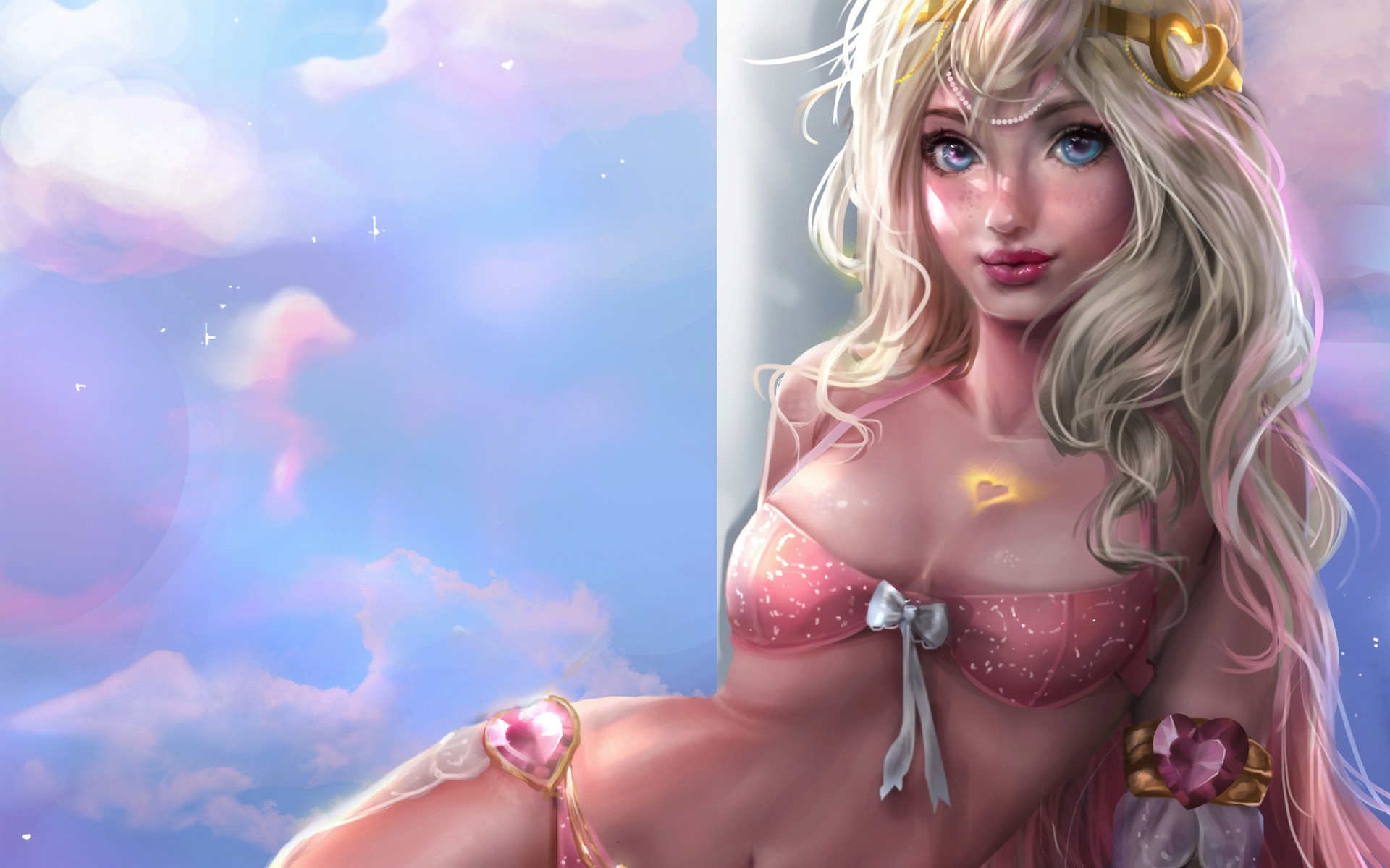 Download mobile wallpaper Fantasy, Sky, Heart, Cloud, Blonde, Women, Blue Eyes for free.