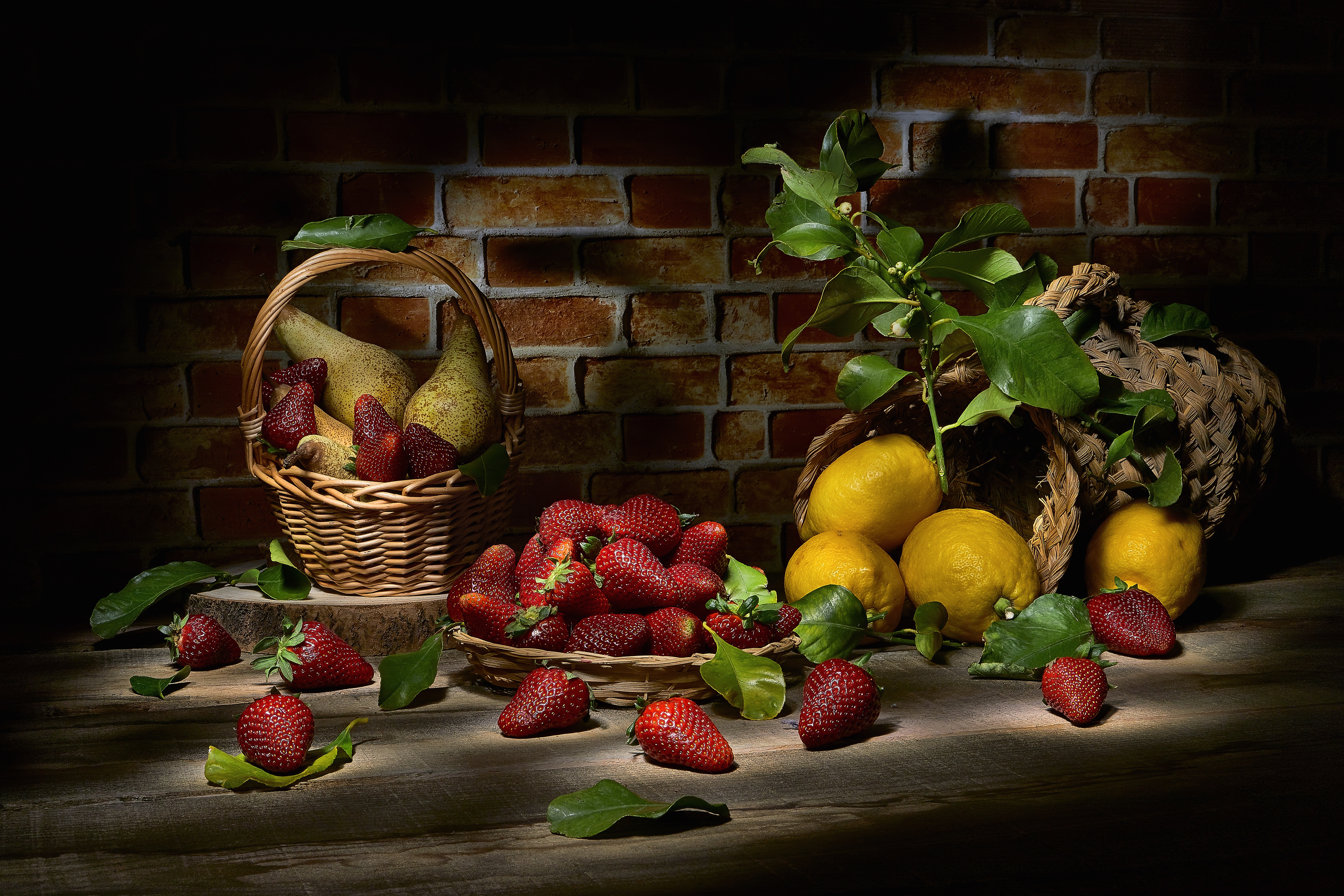 Download mobile wallpaper Fruits, Food, Strawberry, Still Life, Berry, Lemon, Fruit, Basket, Pear for free.