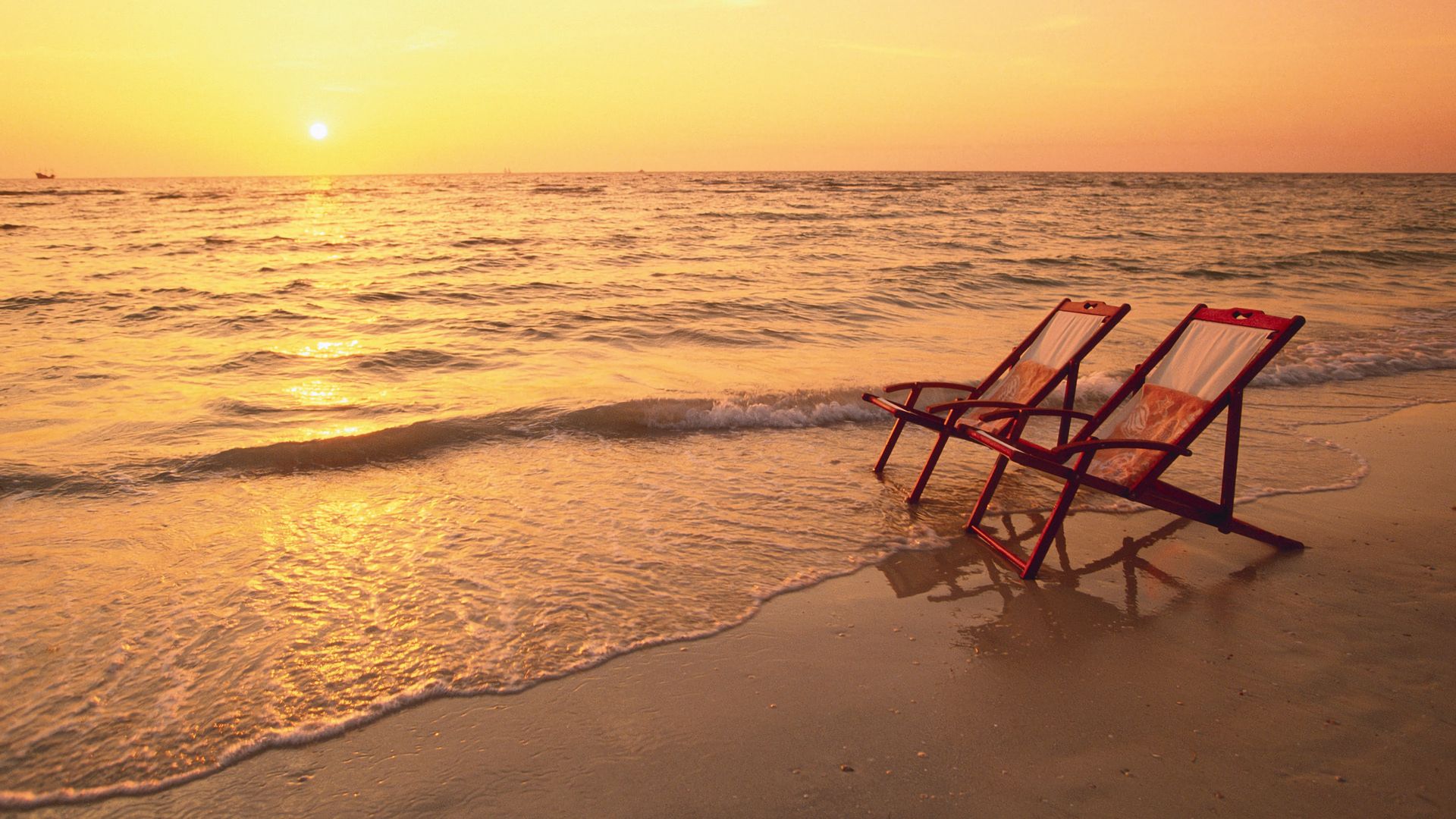 Download mobile wallpaper Sunset, Sea, Beach, Horizon, Chair, Ocean, Photography for free.