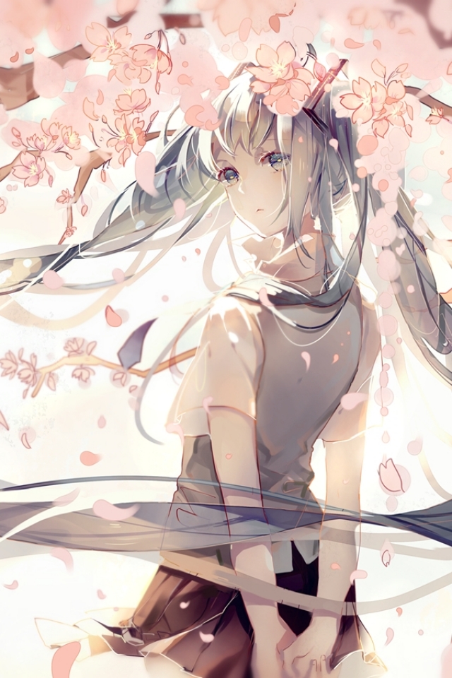 Download mobile wallpaper Anime, Vocaloid, Blue Eyes, Hatsune Miku, Long Hair, Pink Flower, Grey Hair, Cherry Tree for free.