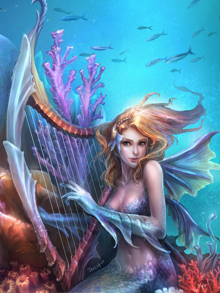 Download mobile wallpaper Fantasy, Ocean, Mermaid, Harp for free.