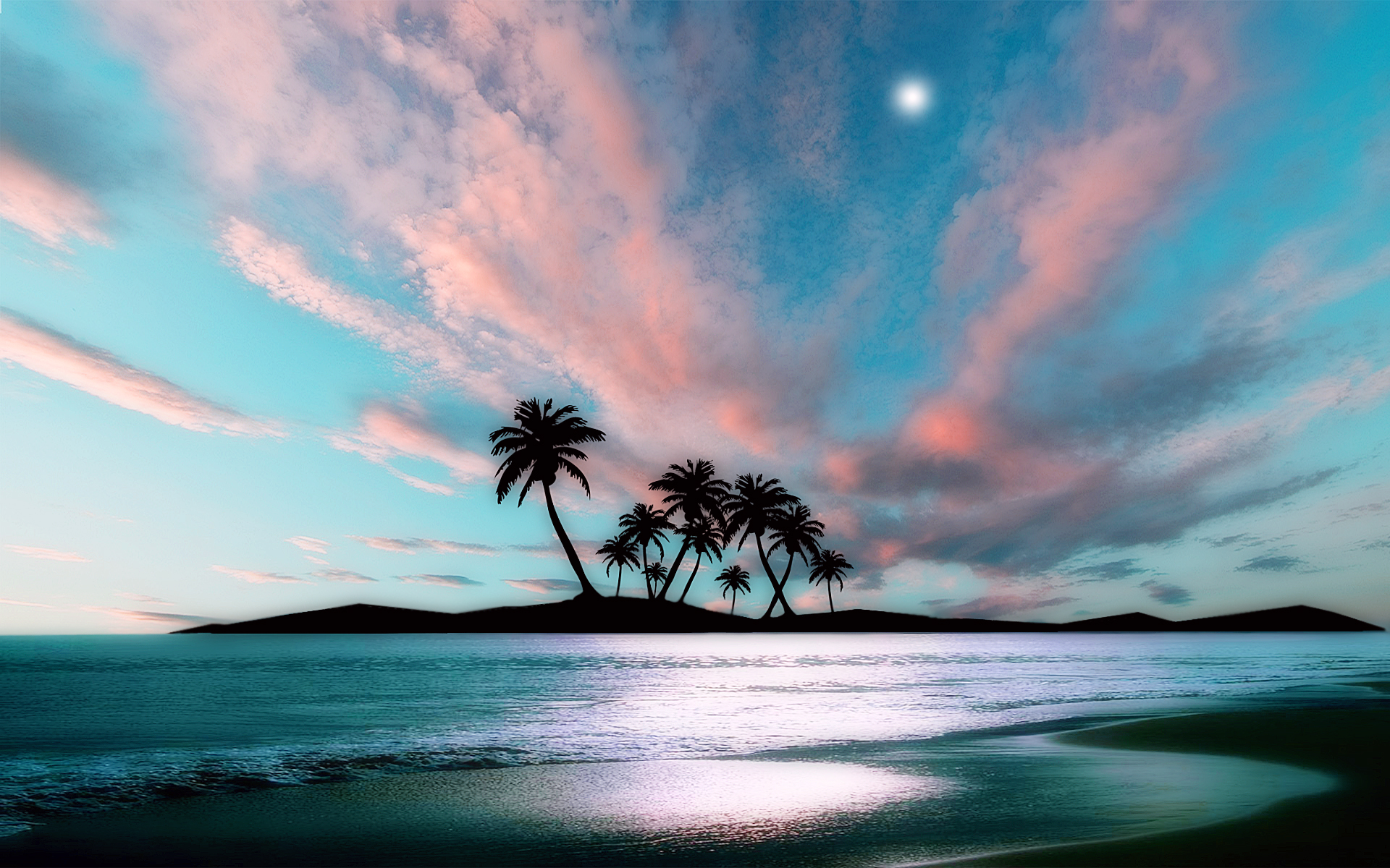 Download mobile wallpaper Sky, Moon, Ocean, Earth, Island, Tropical, Palm Tree for free.
