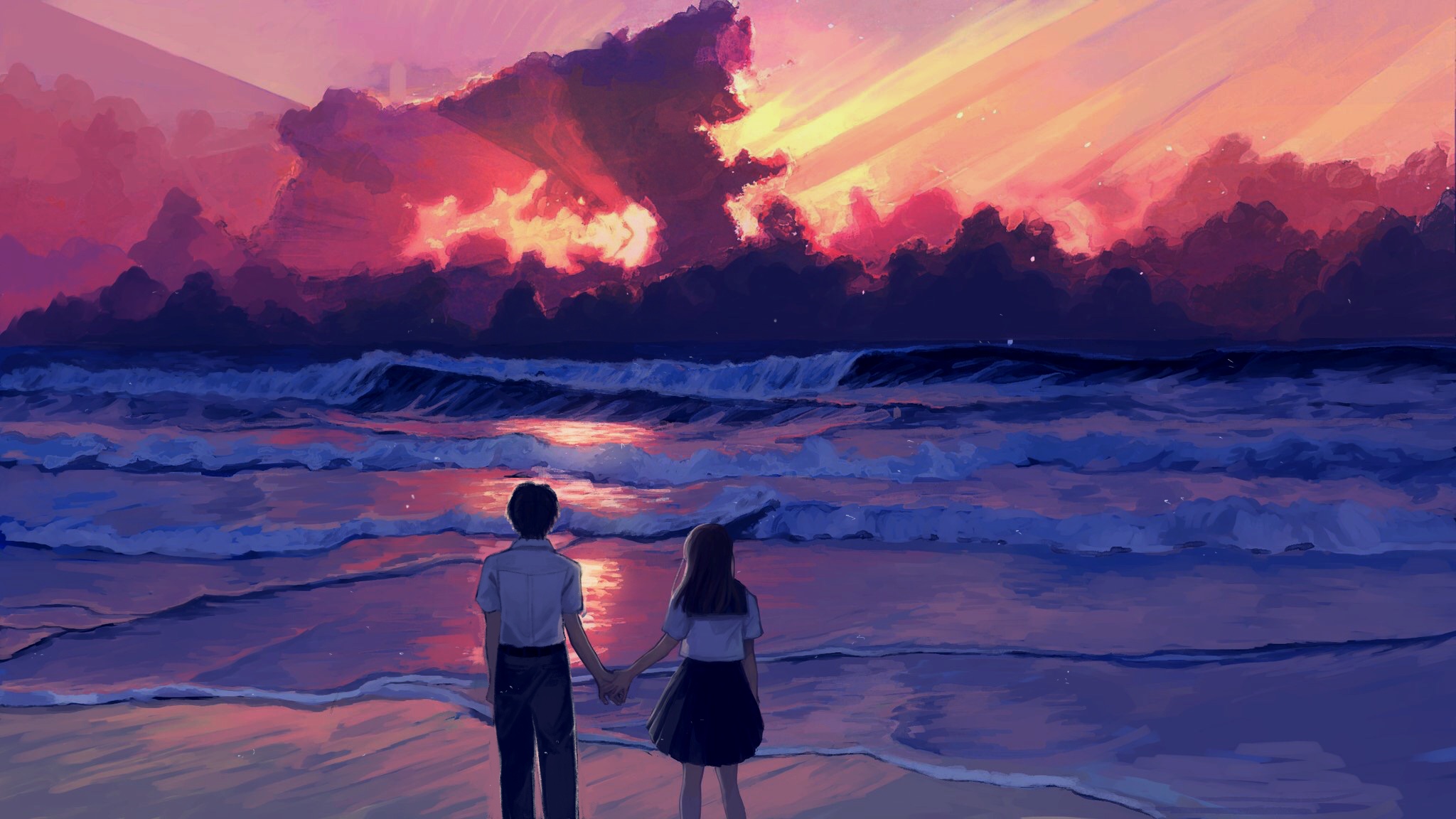Скачать обои бесплатно Аниме, Любовь, Пара, Океан, Восход Солнца картинка на рабочий стол ПК