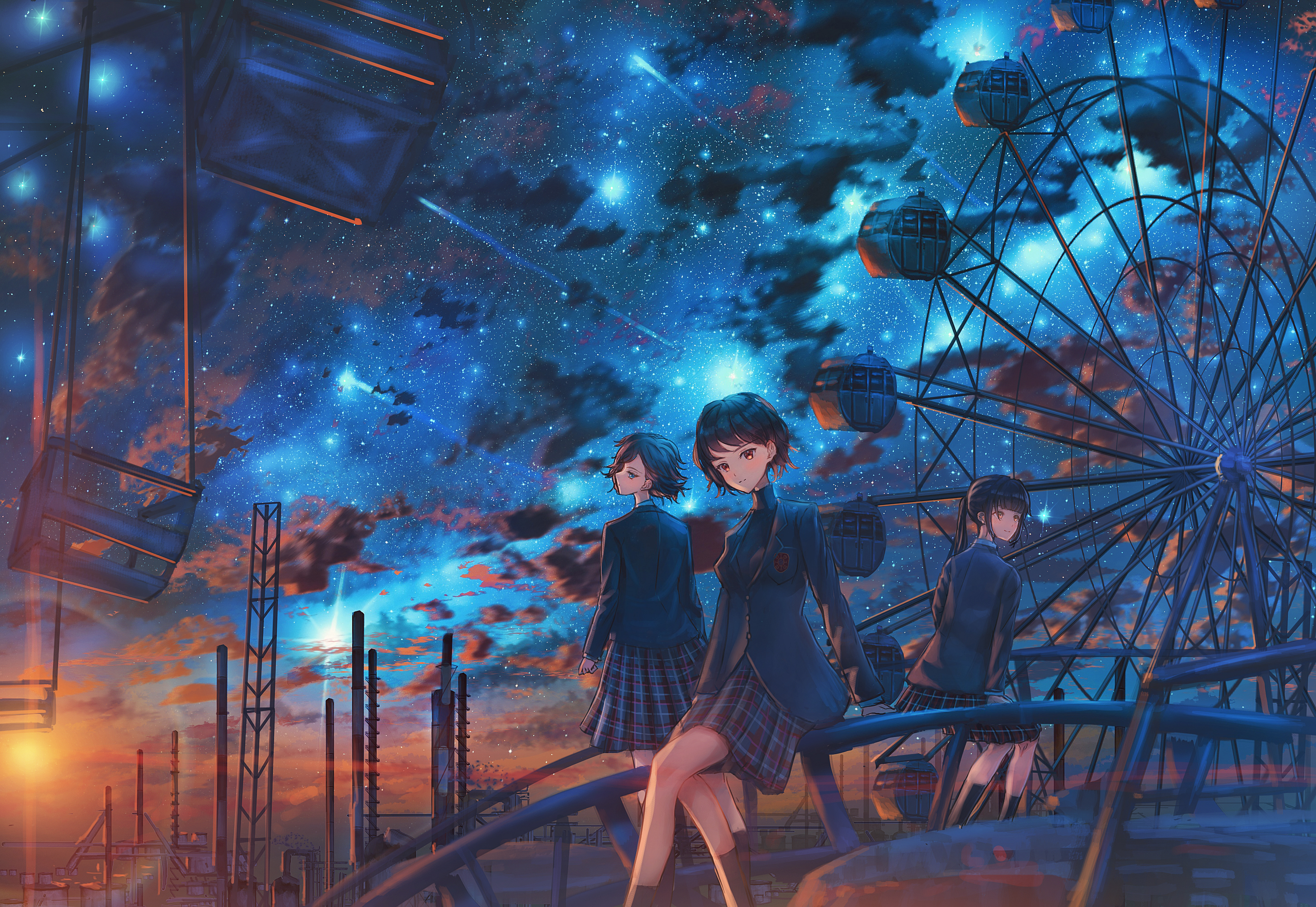 Download mobile wallpaper Anime, People, Sunset, Starry Sky, Ferris Wheel, Uniform, Short Hair for free.