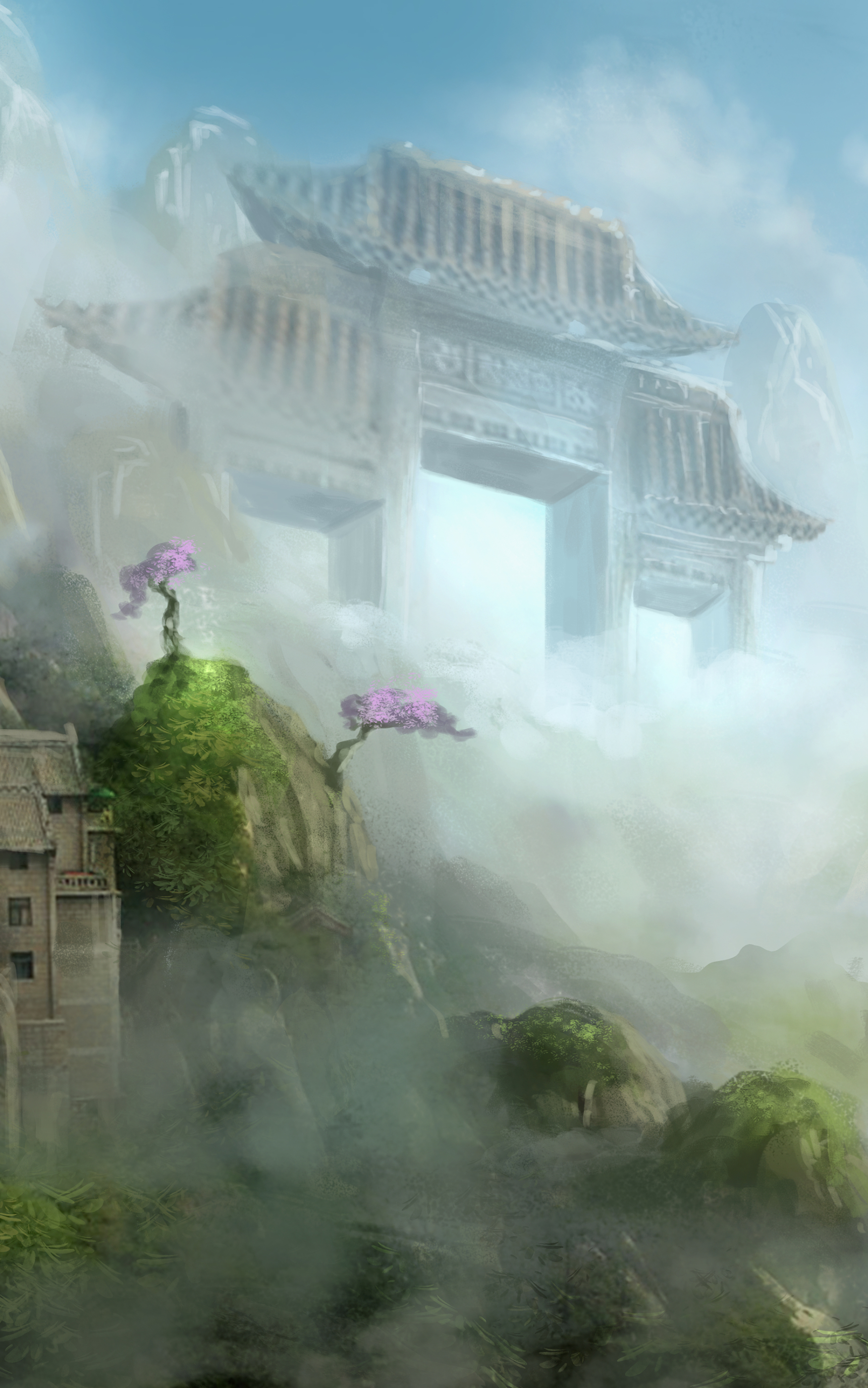 Download mobile wallpaper Fantasy, Fog, Oriental, Gate for free.