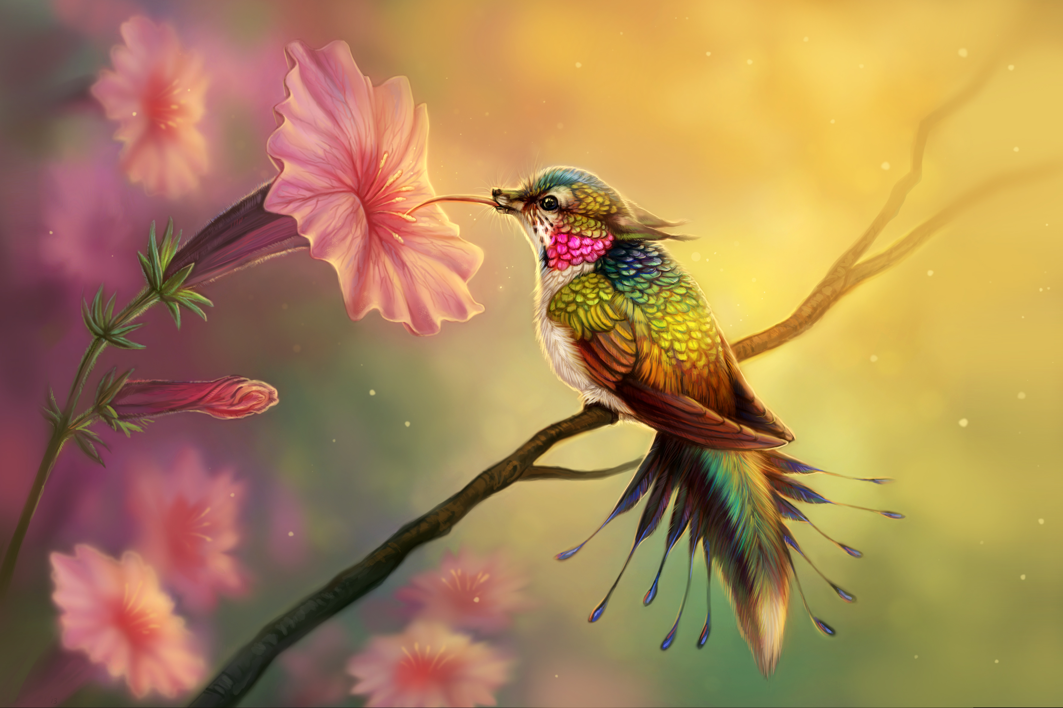 PCデスクトップに鳥, ファンタジー, 花, カラフル, 生き物, ハチドリ, ファンタジー動物画像を無料でダウンロード