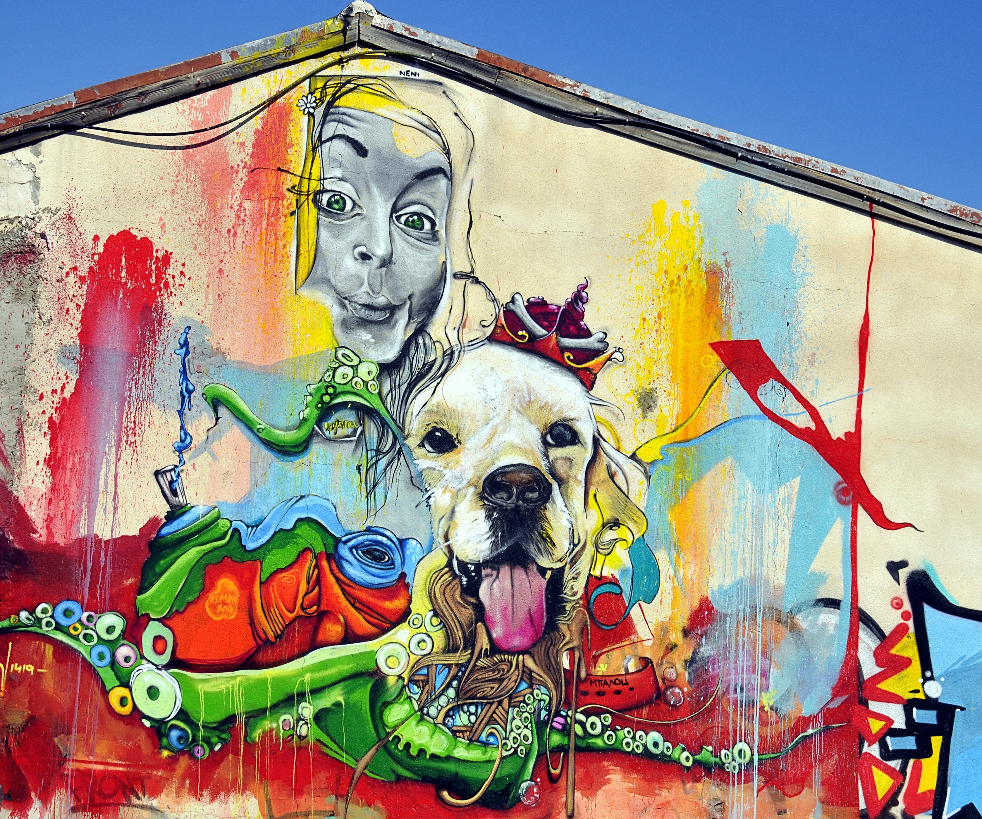 graffiti, bright, street art, art, multicolored, motley, dog, girl Full HD