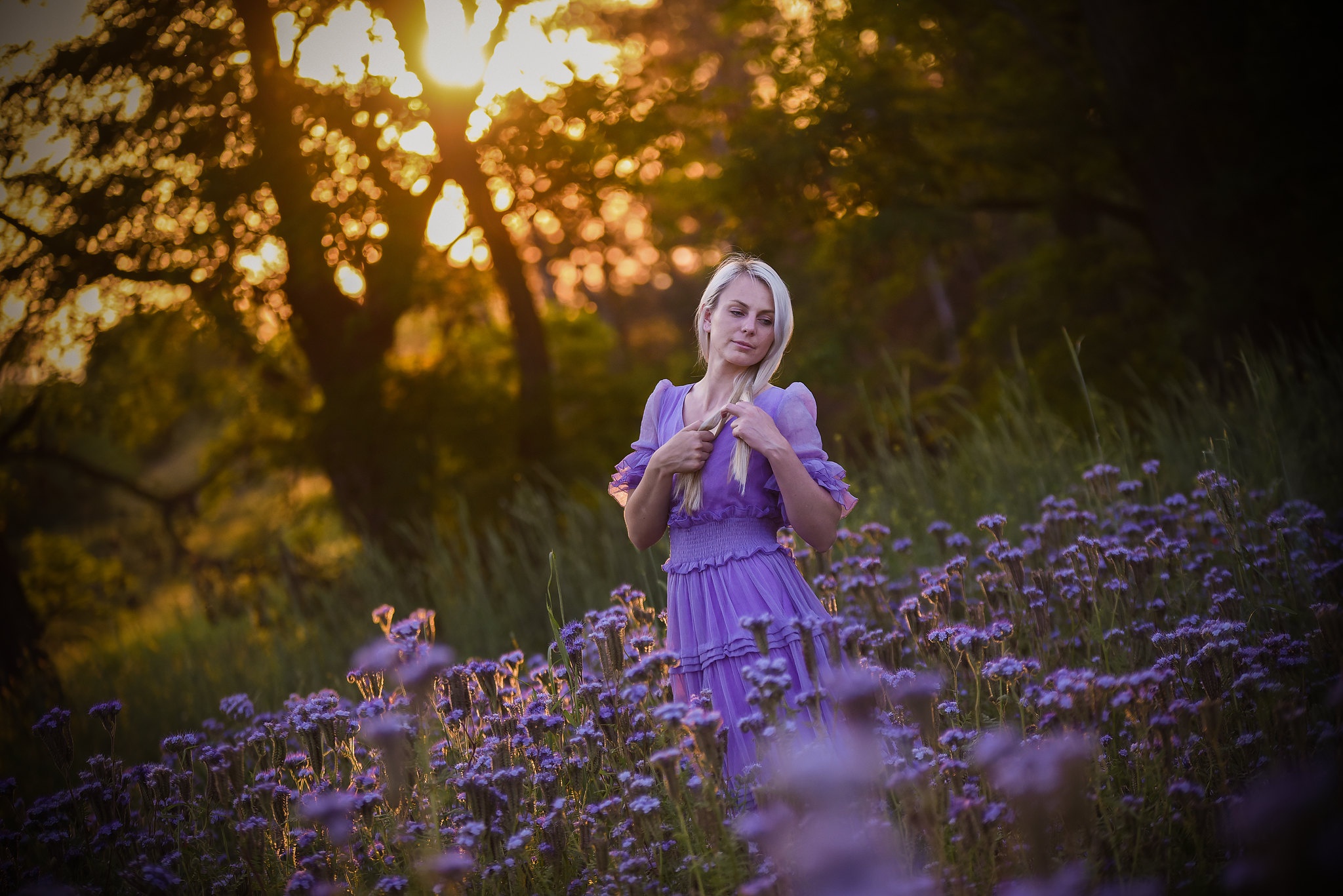 Download mobile wallpaper Summer, Flower, Blonde, Model, Women, Purple Flower, Depth Of Field for free.