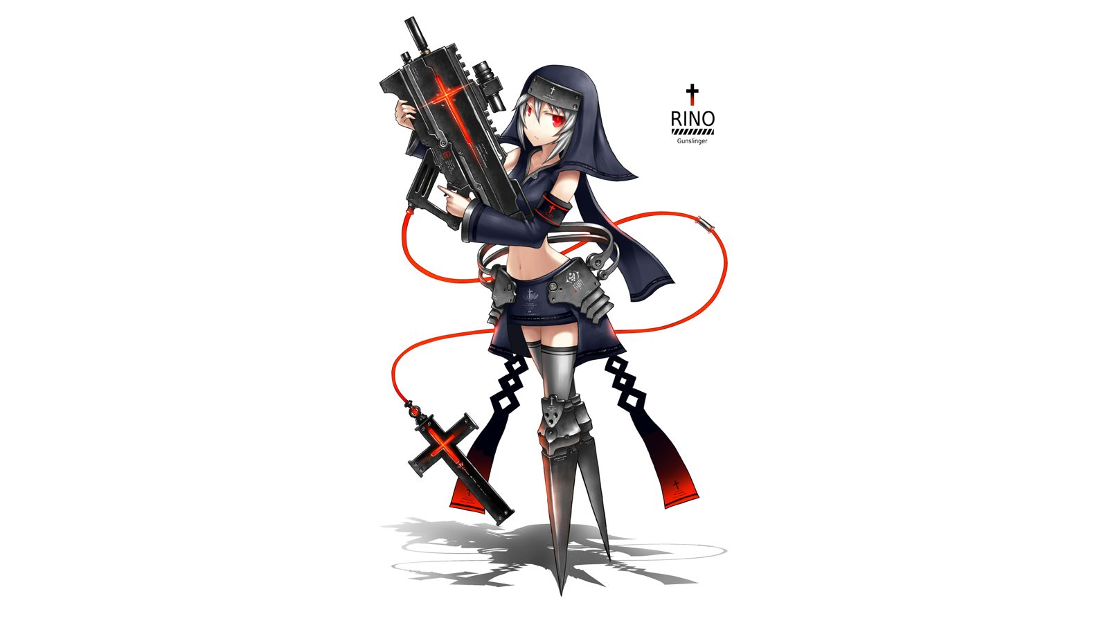 anime, original, cross, grey hair, gun, headdress, nun, red eyes, skirt, thigh highs, weapon