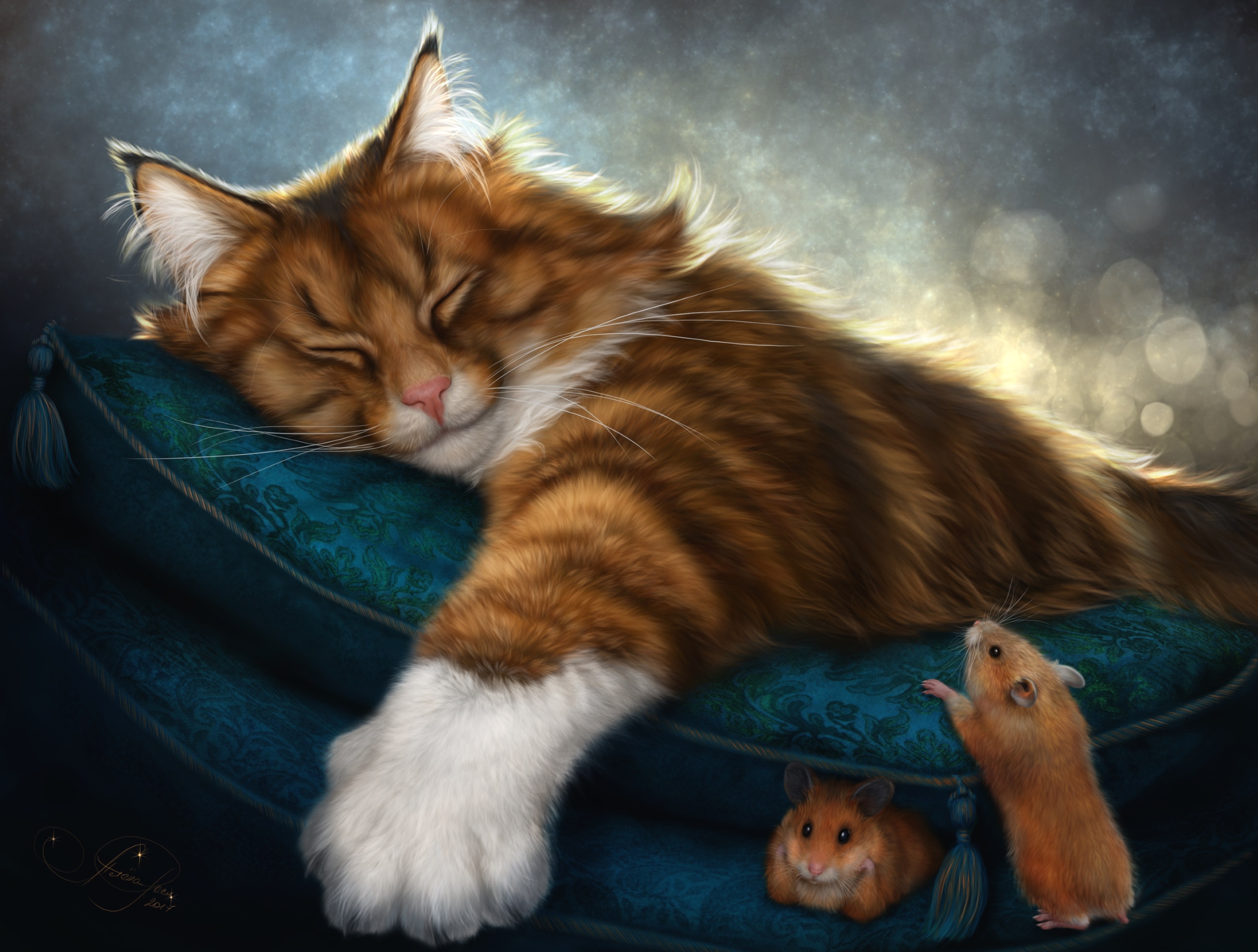 fantasy, cat, mouse, sleeping, fantasy animals
