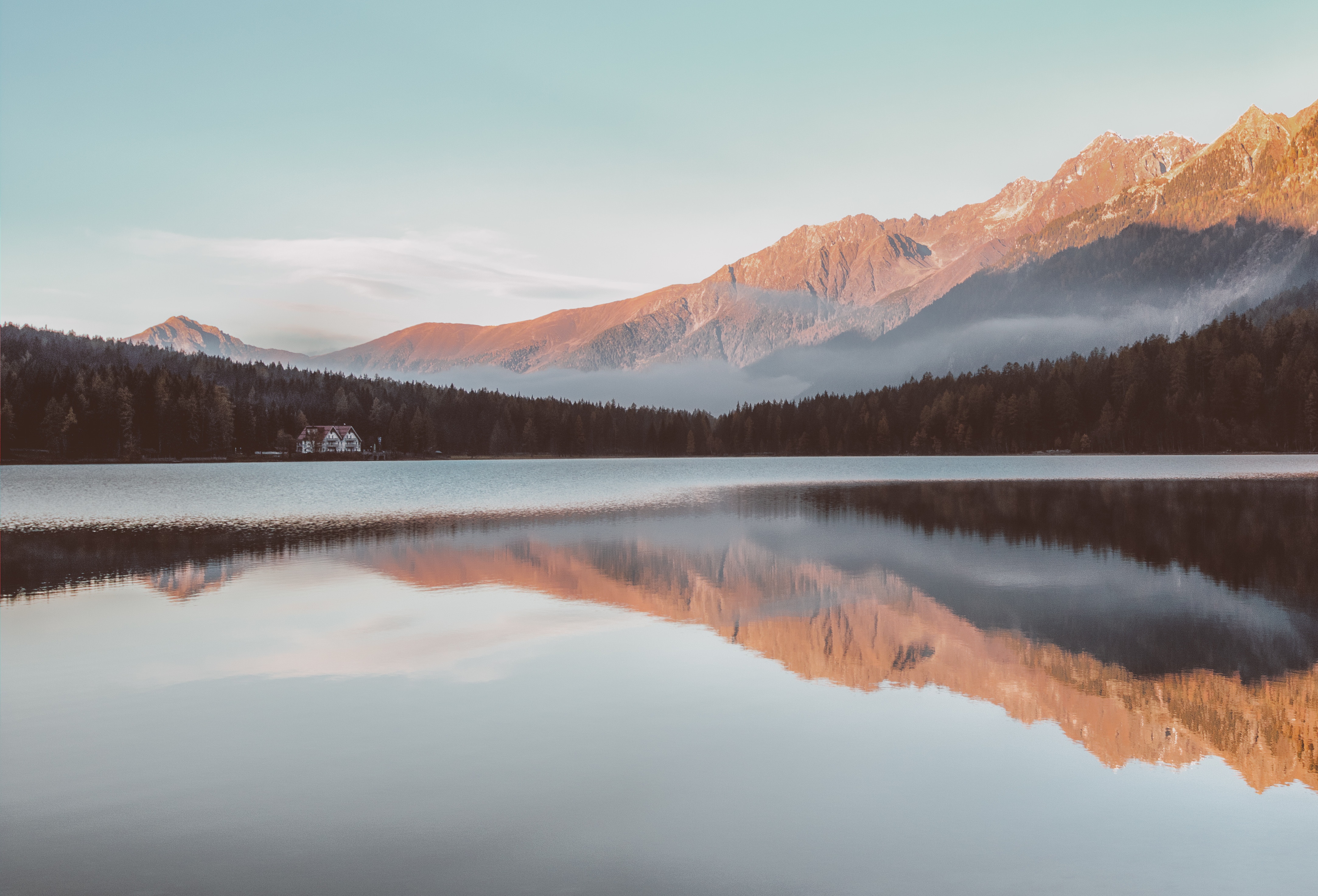 Free download wallpaper Mountains, Lake, Nature, Reflection, House on your PC desktop