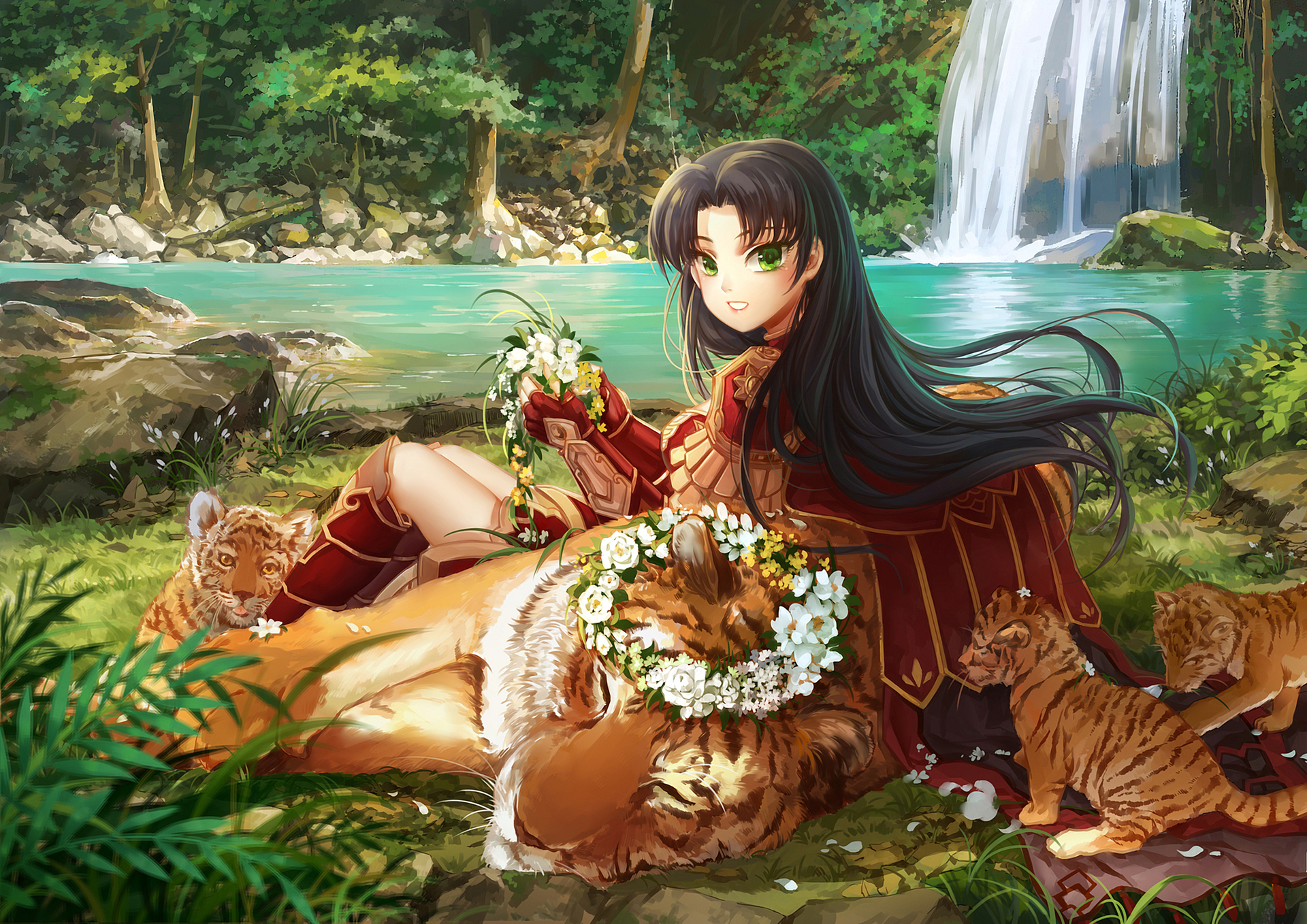 Download mobile wallpaper Anime, Waterfall, Tiger, Original for free.