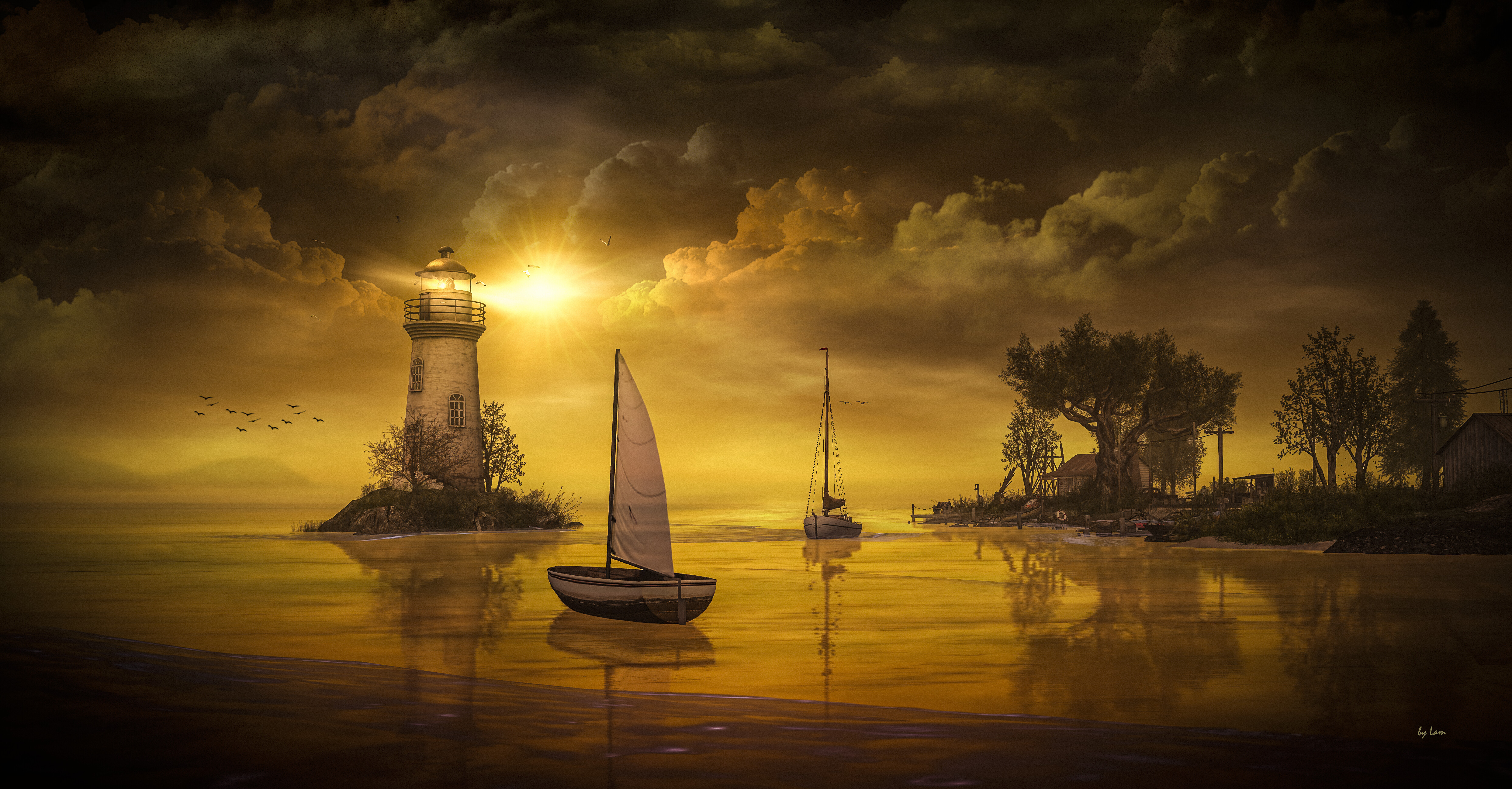 Free download wallpaper Fantasy, Sunset, Sea, Lighthouse, Sailboat, Artistic on your PC desktop