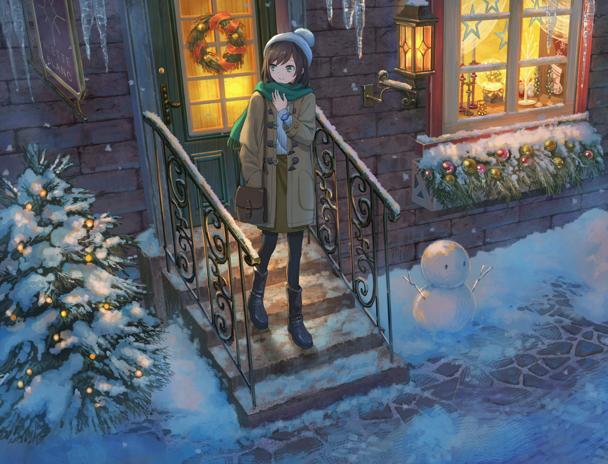 Download mobile wallpaper Anime, Snow, Snowman, Bag, Hat, Wreath, Scarf, Green Eyes, Original, Christmas Ornaments, Short Hair for free.