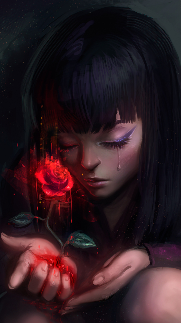 Download mobile wallpaper Fantasy, Rose, Sad, Women, Red Rose, Black Hair, Crying for free.