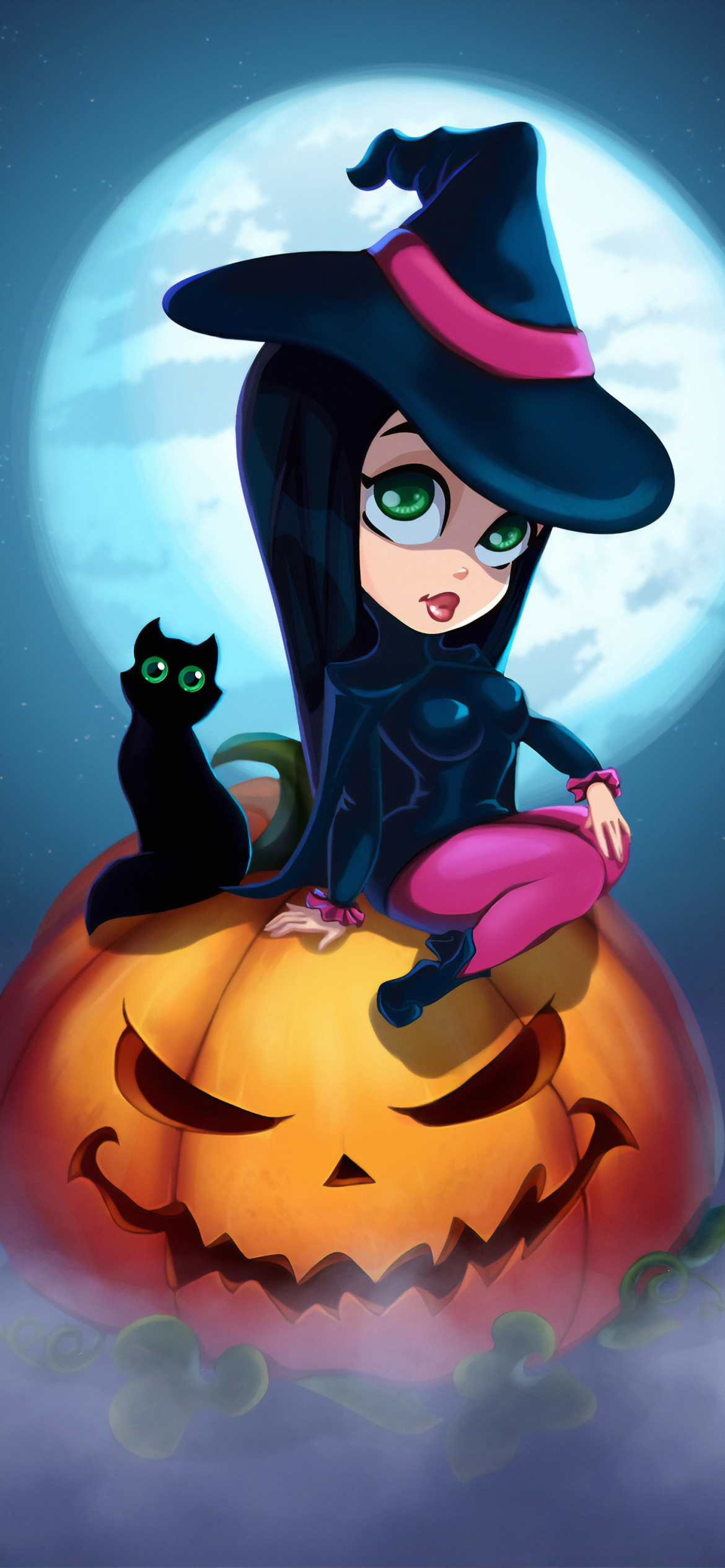 Download mobile wallpaper Fantasy, Moon, Cat, Green Eyes, Witch, Black Hair, Jack Jack Parr for free.