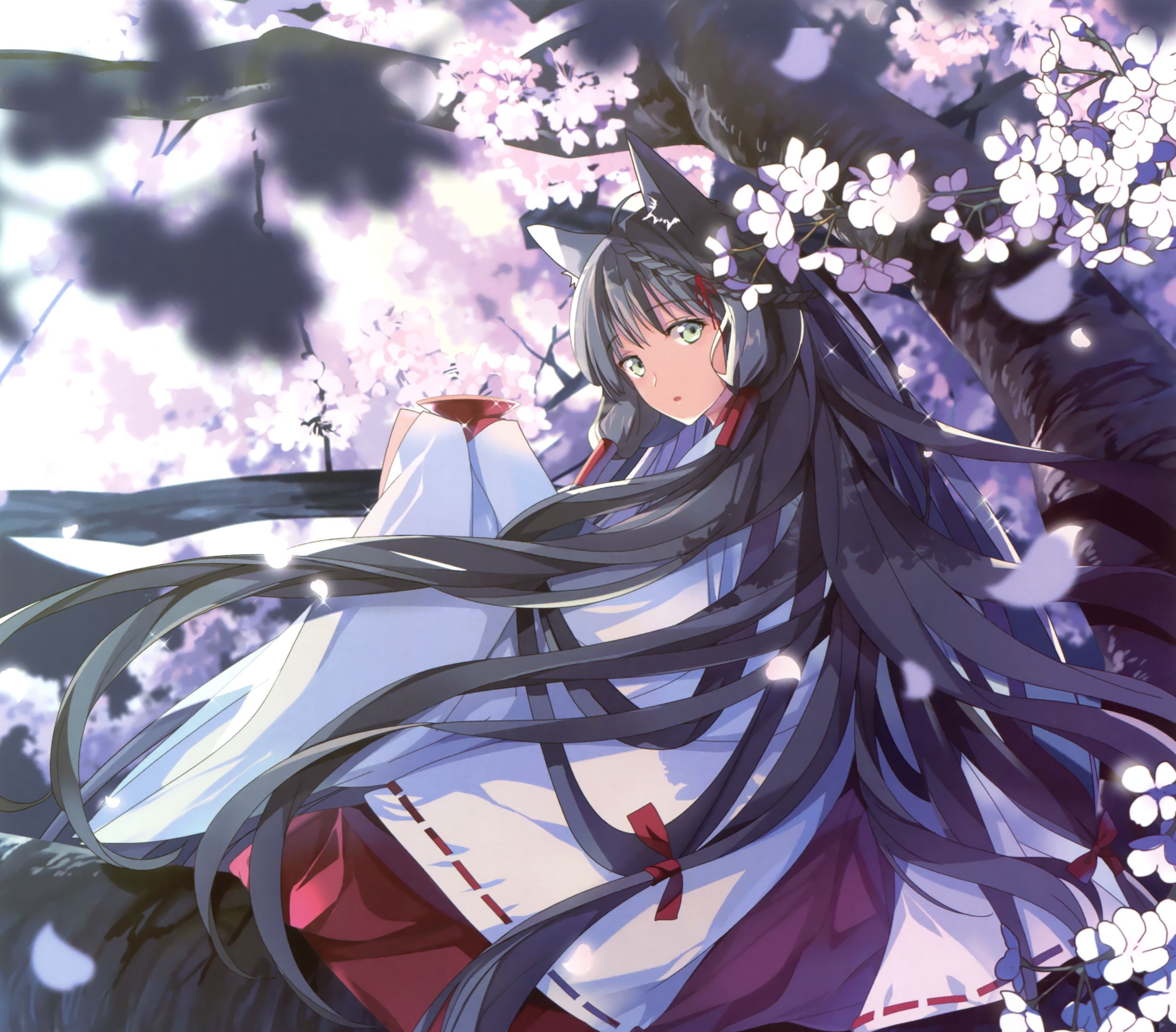 Free download wallpaper Anime, Green Eyes, Cherry Blossom, Original, Braid, Black Hair, Long Hair, Miko Outfit on your PC desktop