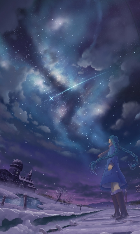 Download mobile wallpaper Anime, Winter, Sky, Snow, Cloud, Vocaloid, Blue Hair, Hatsune Miku, Long Hair for free.