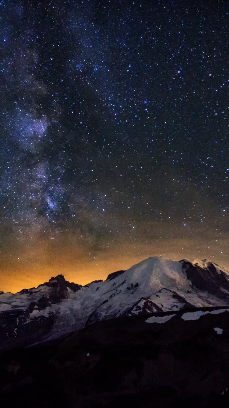 Download mobile wallpaper Nature, Sky, Stars, Night, Mountain, Starry Sky, Milky Way, Sci Fi, Mount Rainier for free.