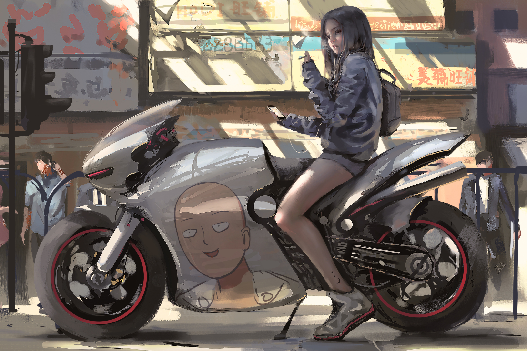 Скачать картинку Аниме, Мотоцикл, Велосипед, Оригинал, Сайтама (Ванпанчмен), Ванпанчмен в телефон бесплатно.