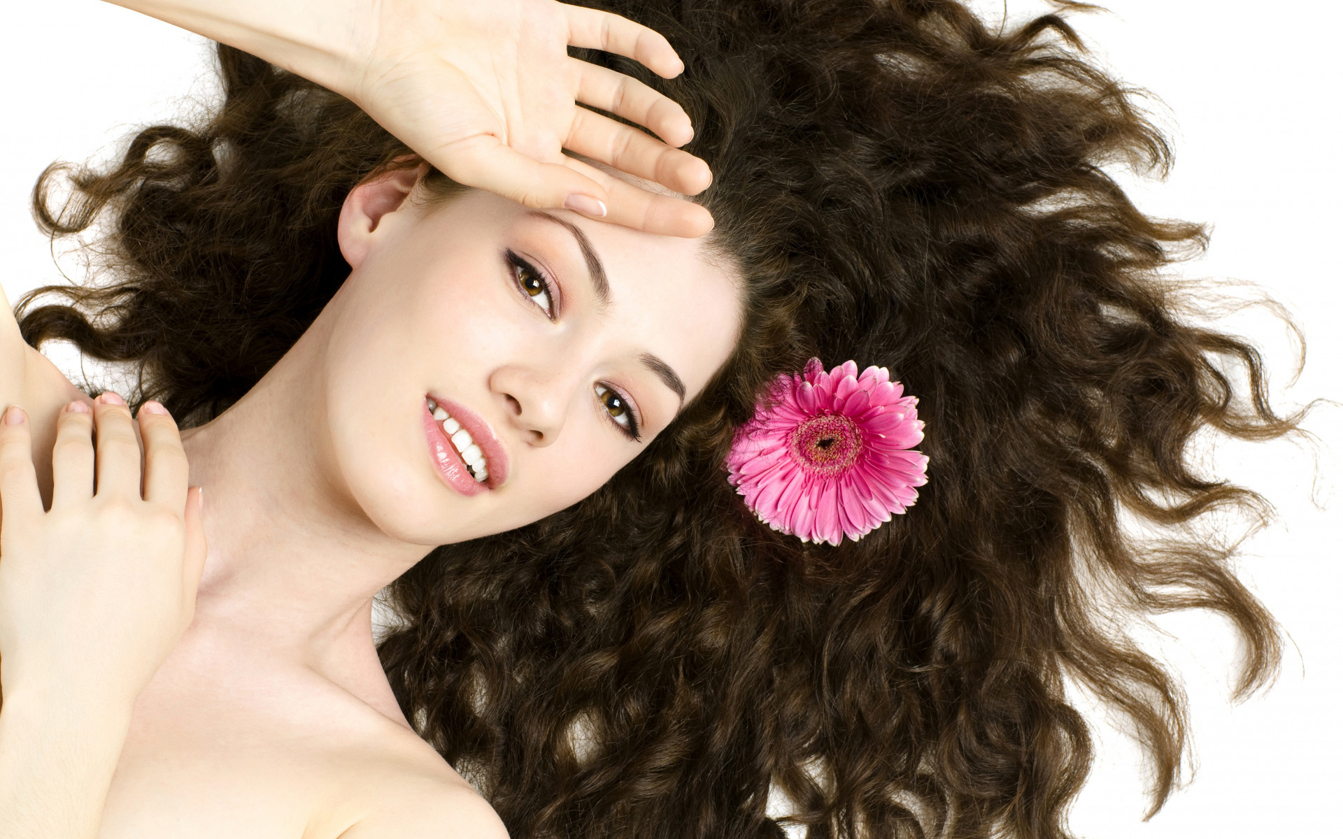 Download mobile wallpaper Flower, Portrait, Hair, Gerbera, Face, Model, Women, Makeup for free.