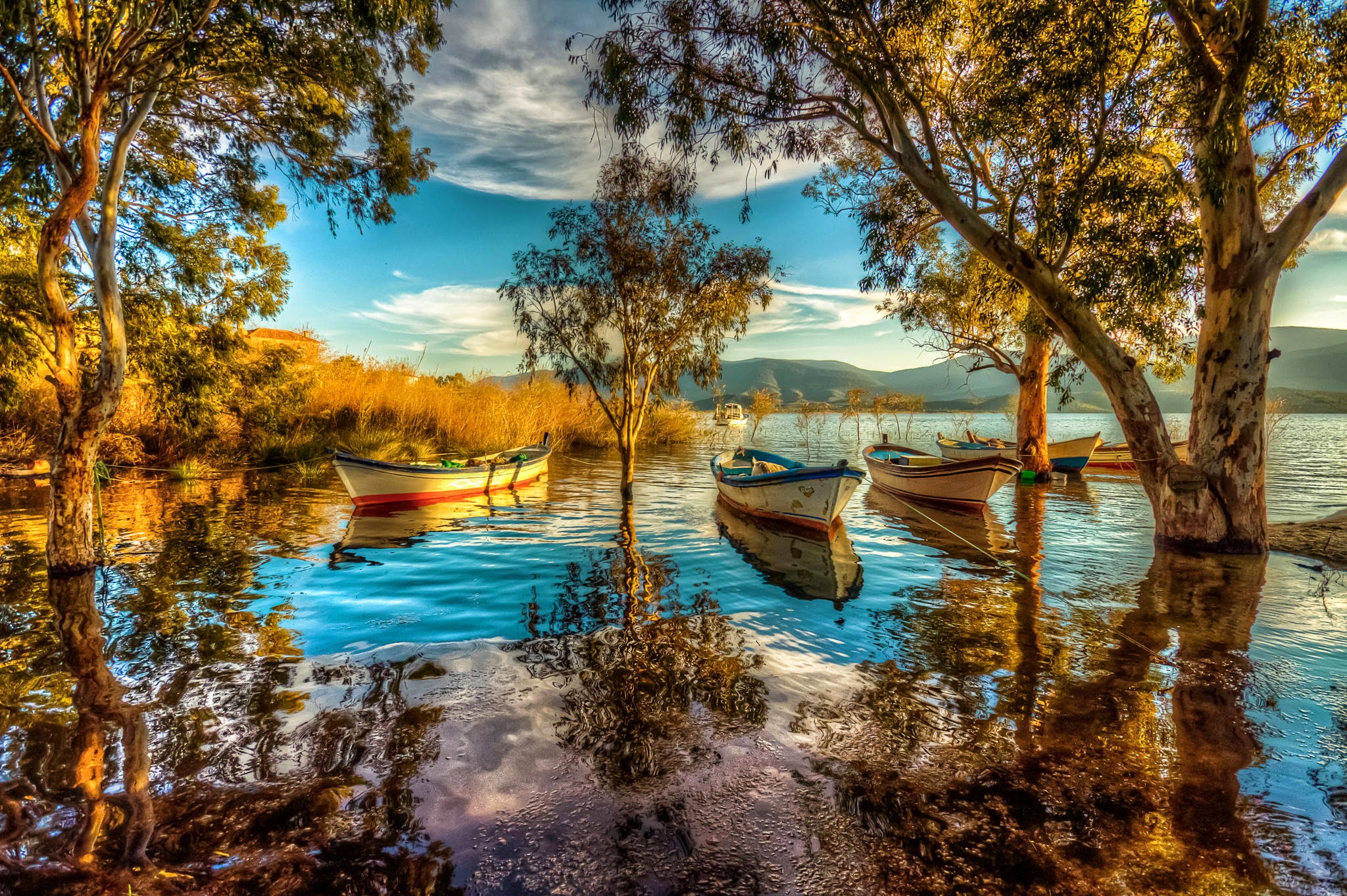 vehicle, hdr, photography, lake, bafa lake, boat, reflection, tree, turkey, lakes