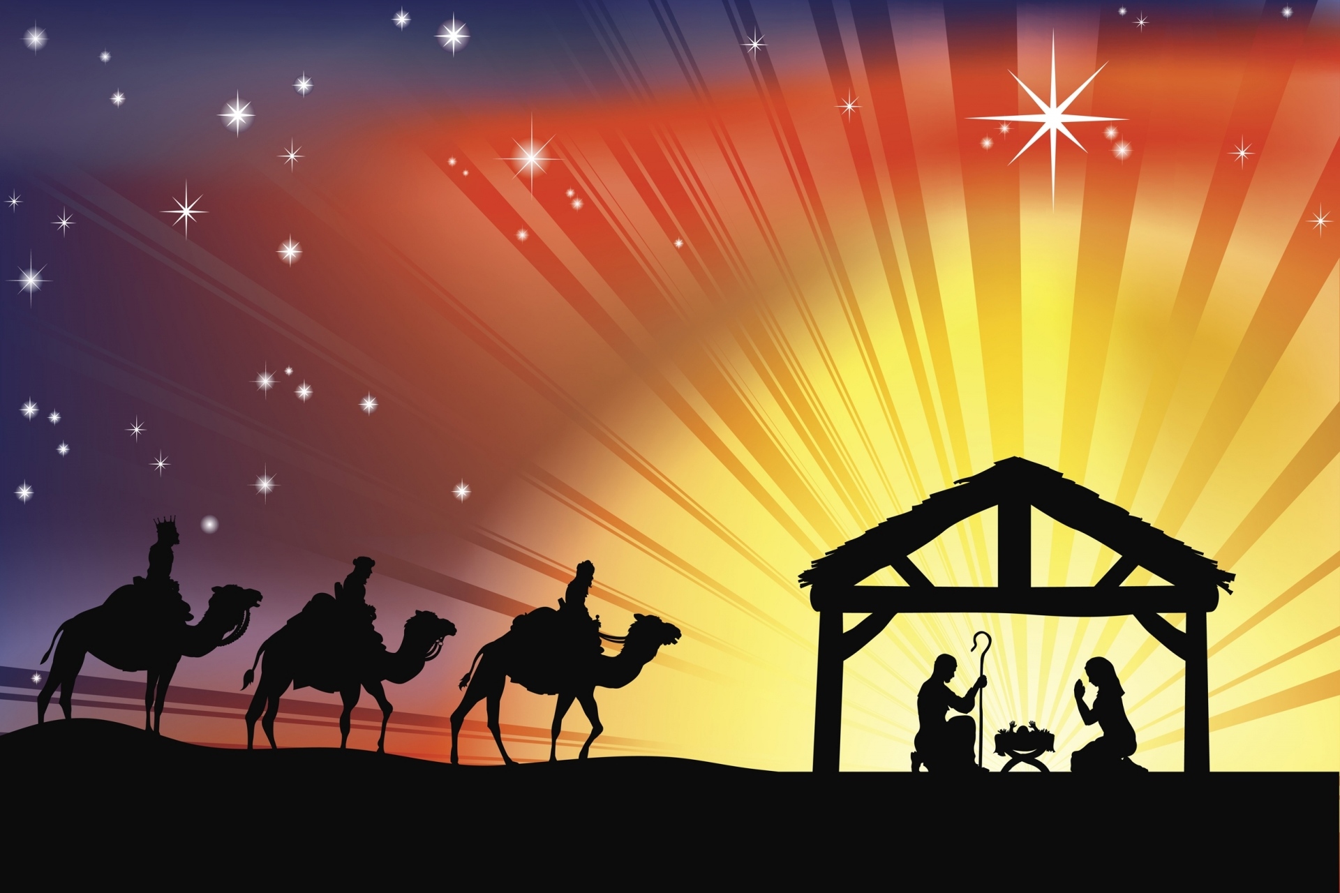 874159 Hintergrundbild herunterladen feiertage, weihnachten, kamel, jesus, maria (mutter jesu), nacht, sterne, die drei weisen männer - Bildschirmschoner und Bilder kostenlos