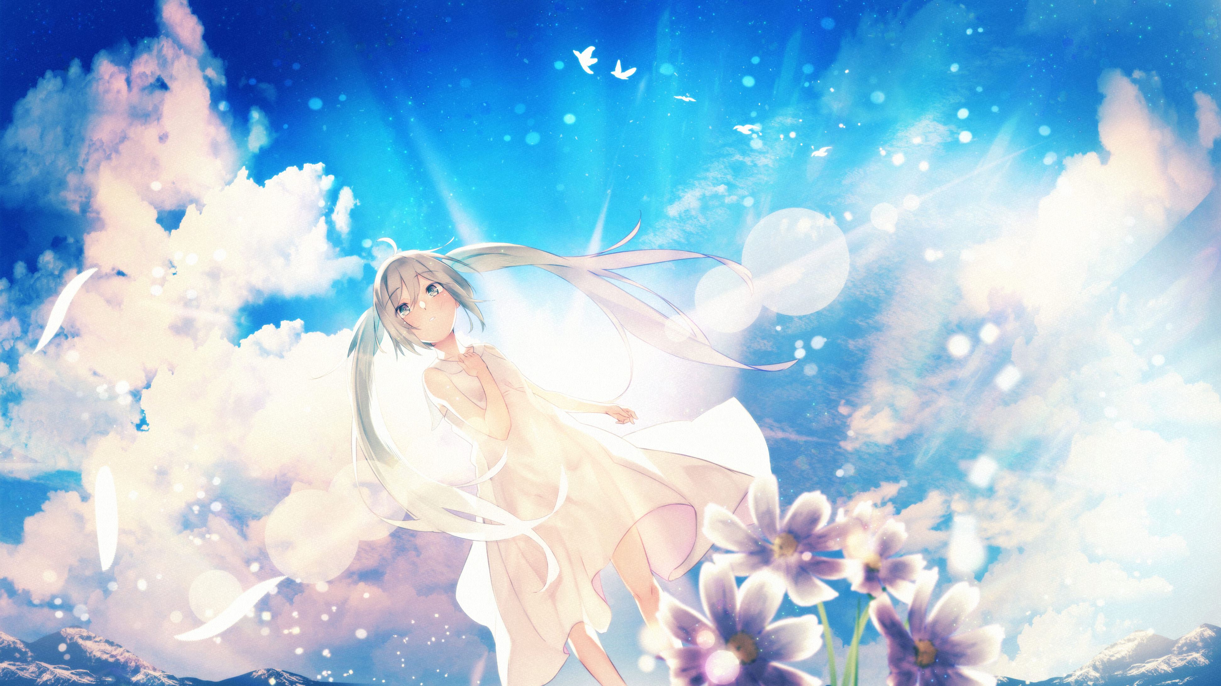 Laden Sie das Wolke, Vocaloid, Himmel, Sonnenstrahl, Hatsune Miku, Animes, Lange Haare, Weißes Kleid-Bild kostenlos auf Ihren PC-Desktop herunter
