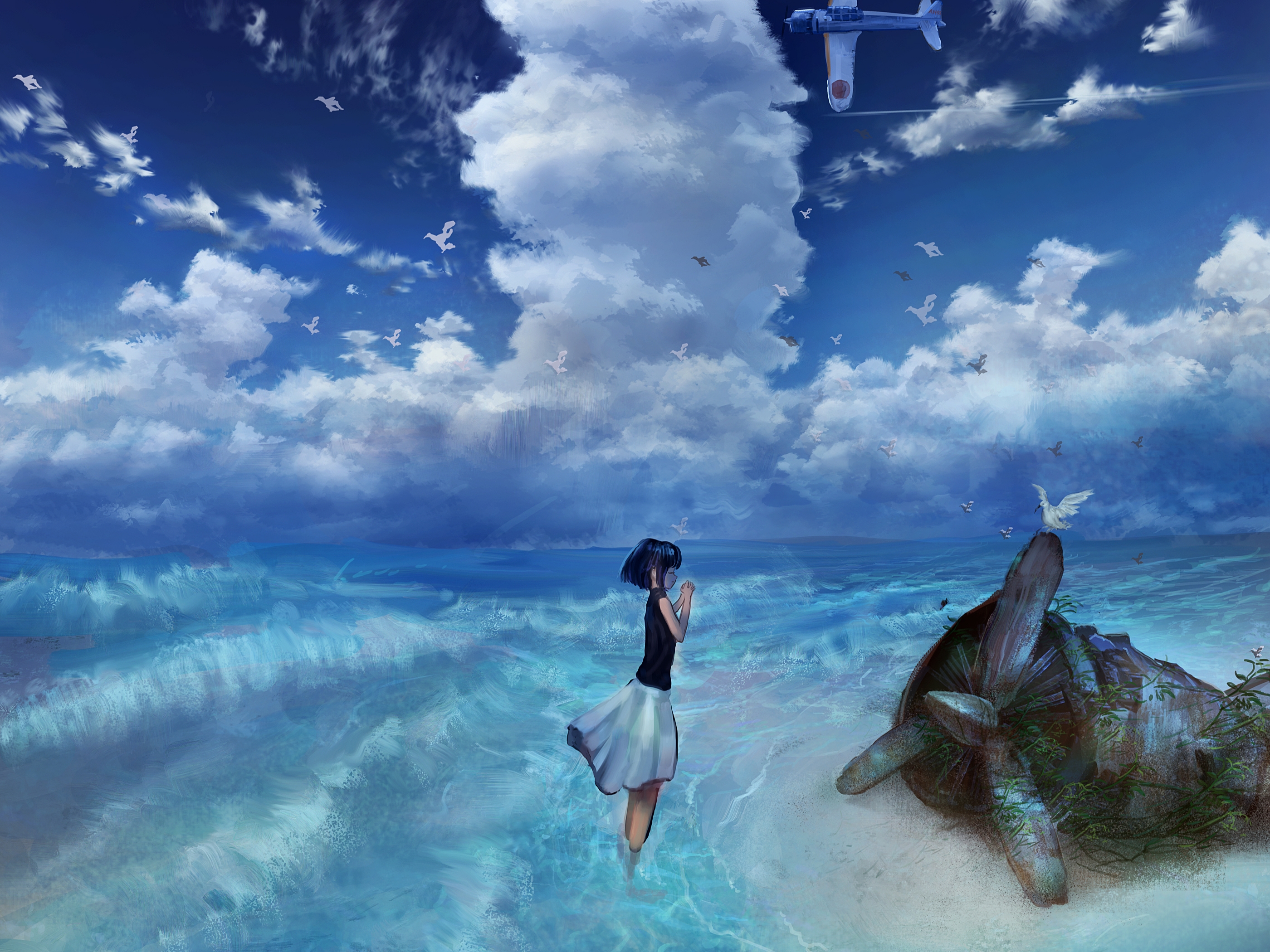 Laden Sie das Flugzeug, Wolke, Original, Meer, Animes-Bild kostenlos auf Ihren PC-Desktop herunter