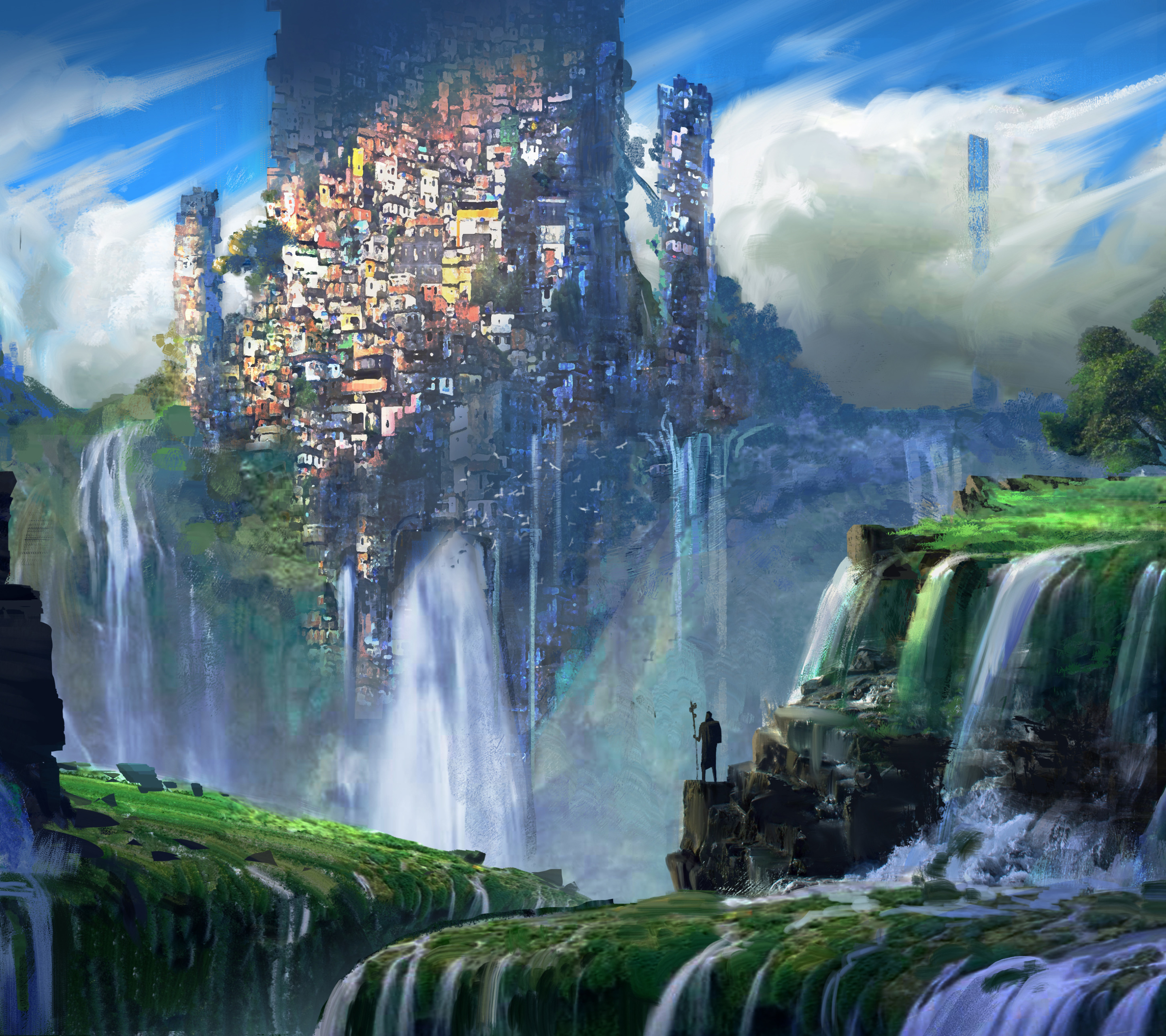 Free download wallpaper Landscape, Fantasy, City, Waterfall on your PC desktop