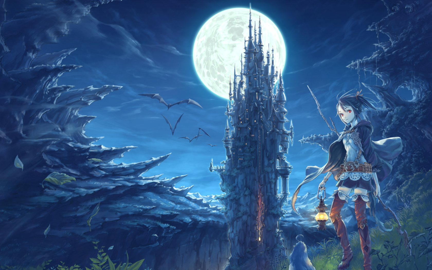 Laden Sie das Fantasie, Mond, Drachen, Original, Animes, Schloss-Bild kostenlos auf Ihren PC-Desktop herunter