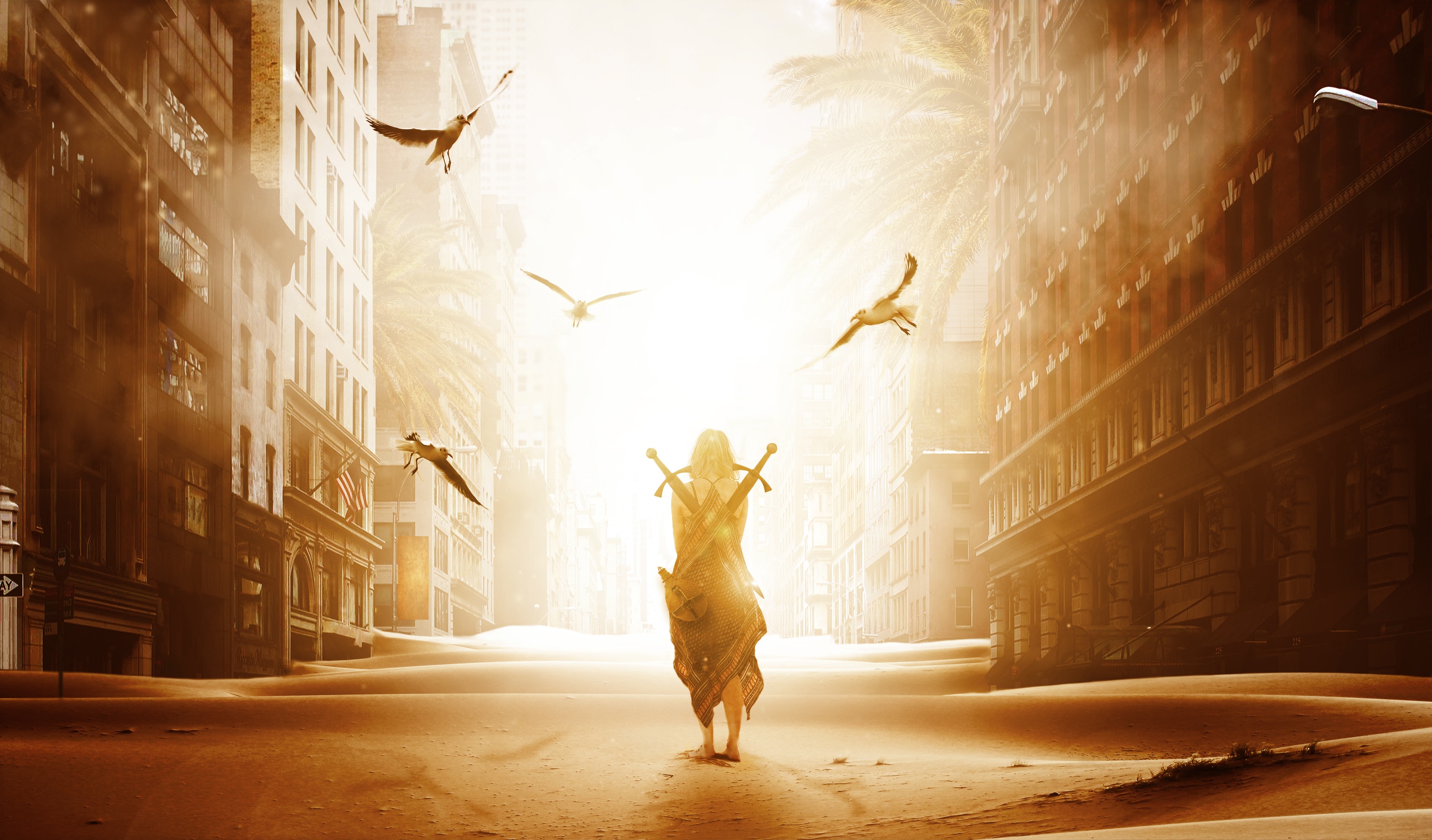 Download mobile wallpaper Sand, City, Bird, Sci Fi, Sword, Post Apocalyptic, Woman Warrior for free.