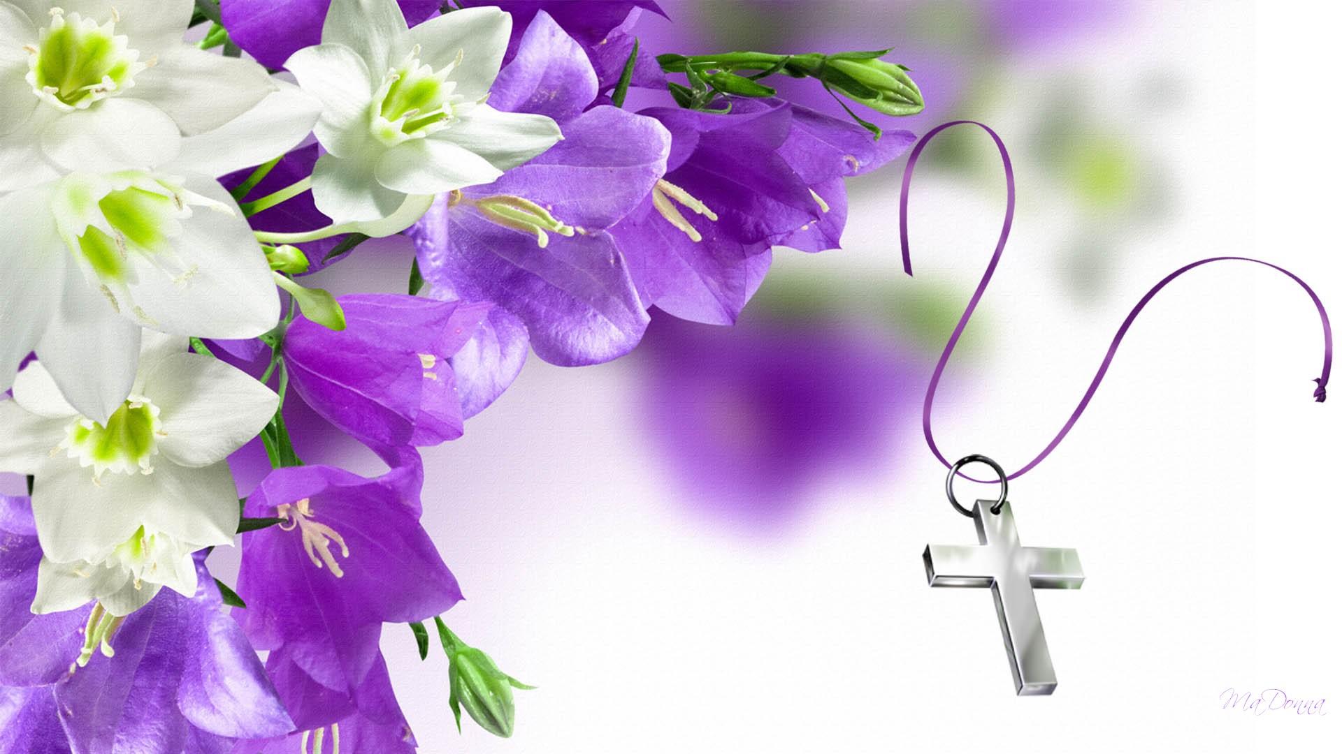 740149 descargar imagen cruz, día festivo, pascua, flor, flor purpura, religioso, plata, flor blanca: fondos de pantalla y protectores de pantalla gratis