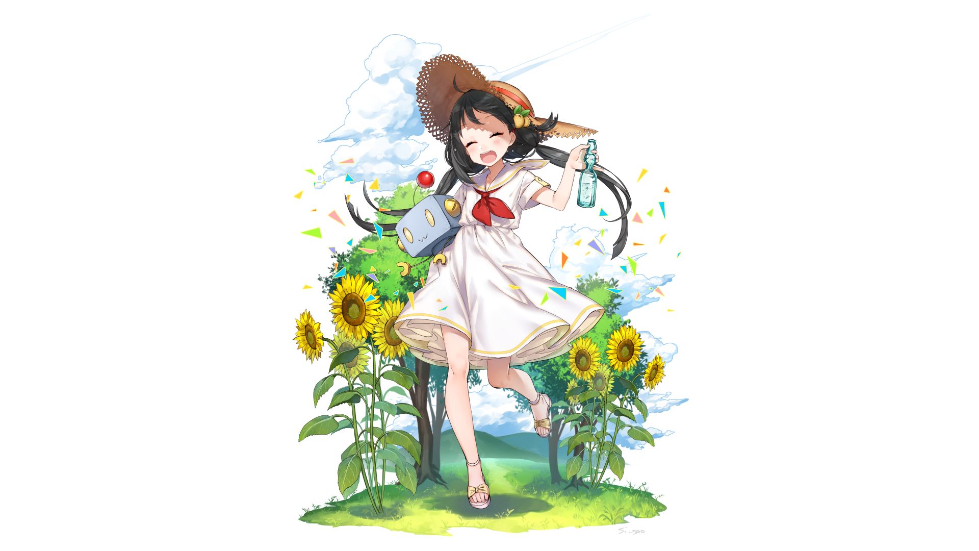Handy-Wallpaper Sonnenblume, Kleid, Original, Animes, Strohhut kostenlos herunterladen.