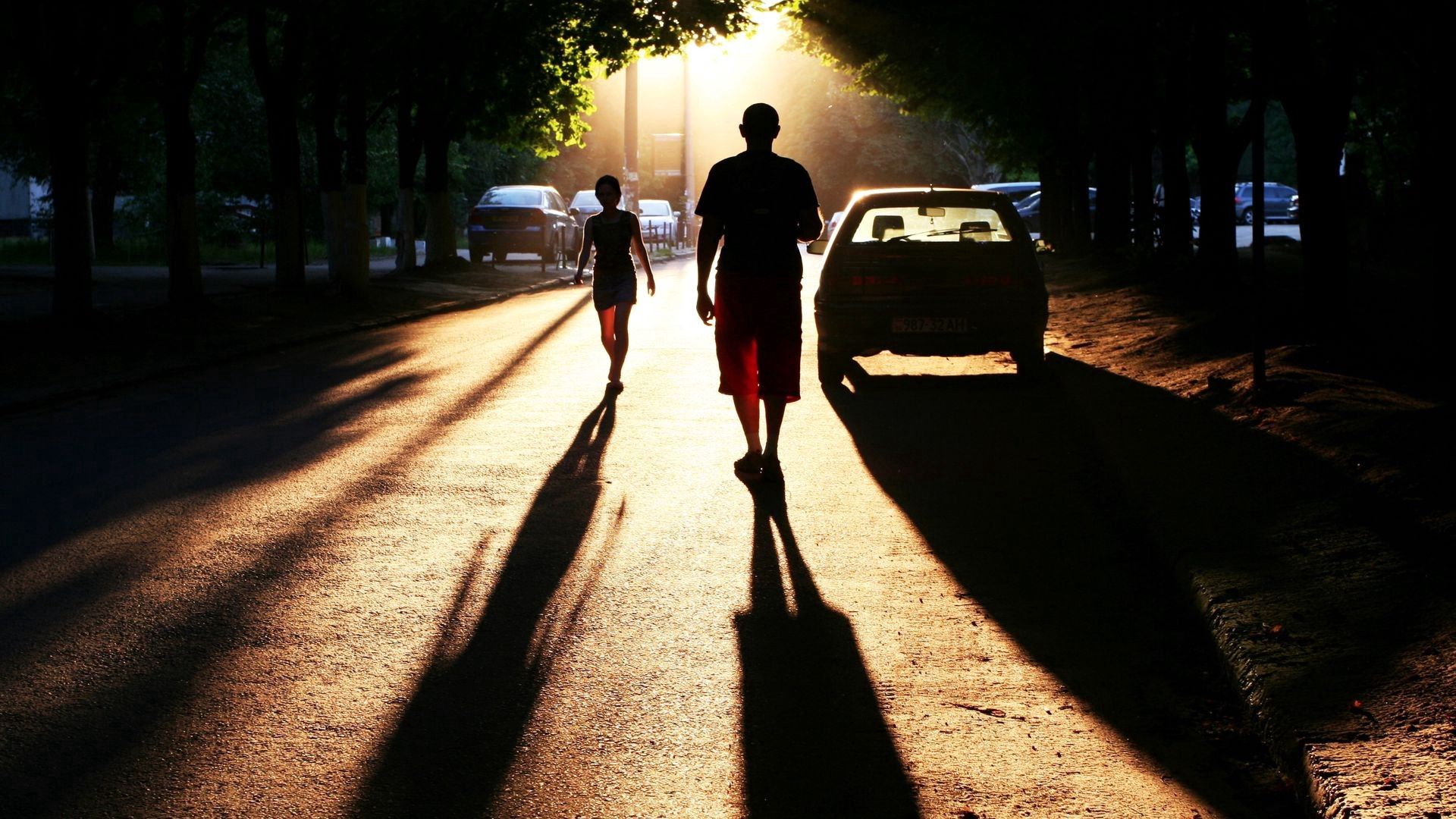 people, cars, miscellanea, miscellaneous, road, silhouettes, shadow, evening