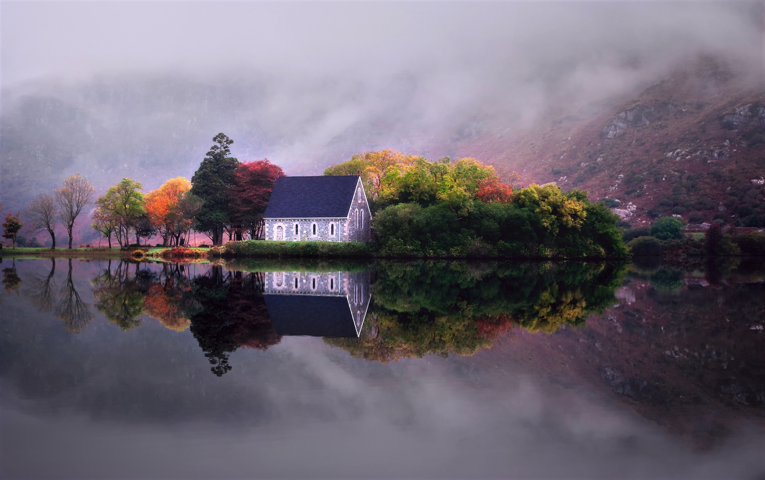 Free download wallpaper Lake, Tree, Fall, House, Colorful, Island, Man Made on your PC desktop
