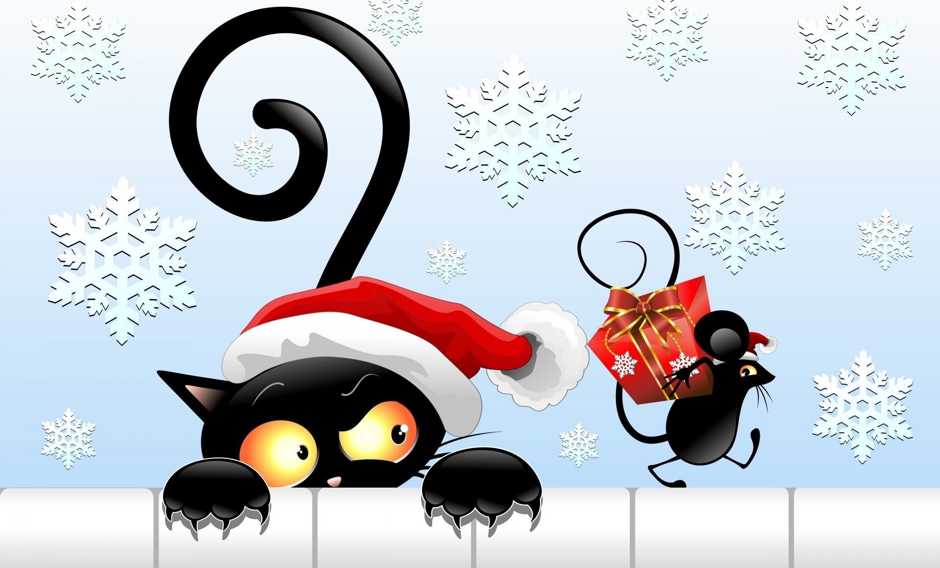 Скачать картинку Юмор, Снежинки, Кот, Рождество, Мышь, Подарки, Шляпа Санты в телефон бесплатно.