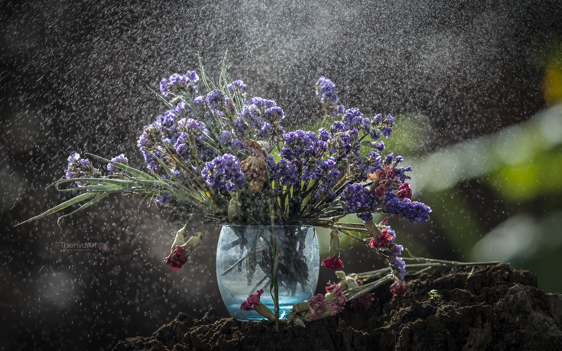 Free download wallpaper Rain, Flower, Bouquet, Vase, Man Made on your PC desktop