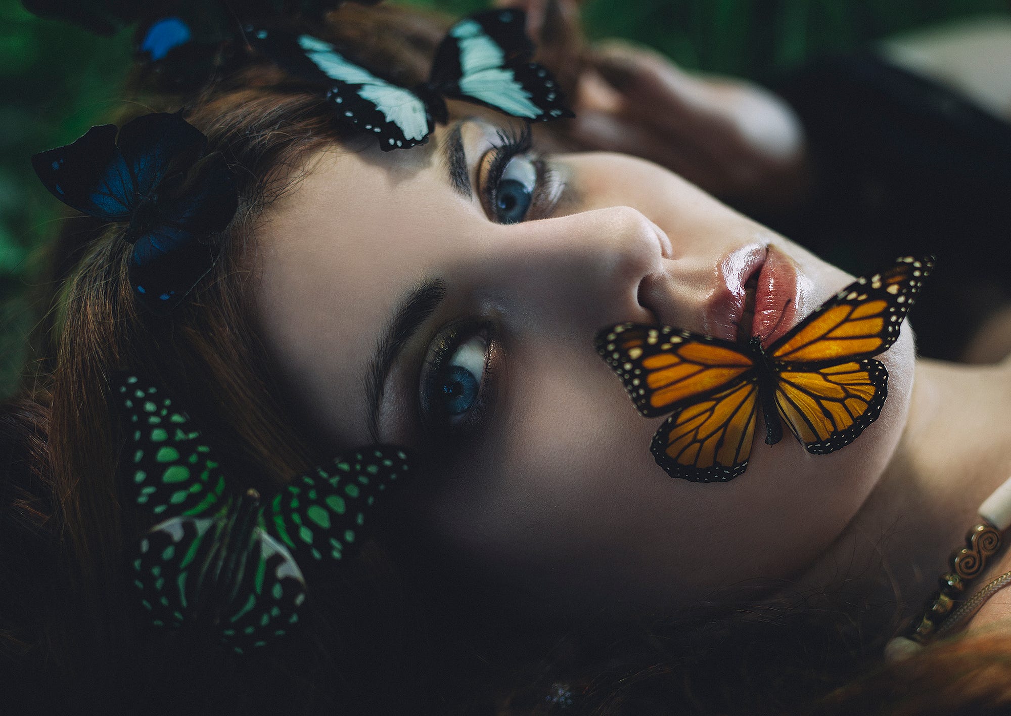 Free download wallpaper Butterfly, Mood, Face, Women, Blue Eyes on your PC desktop