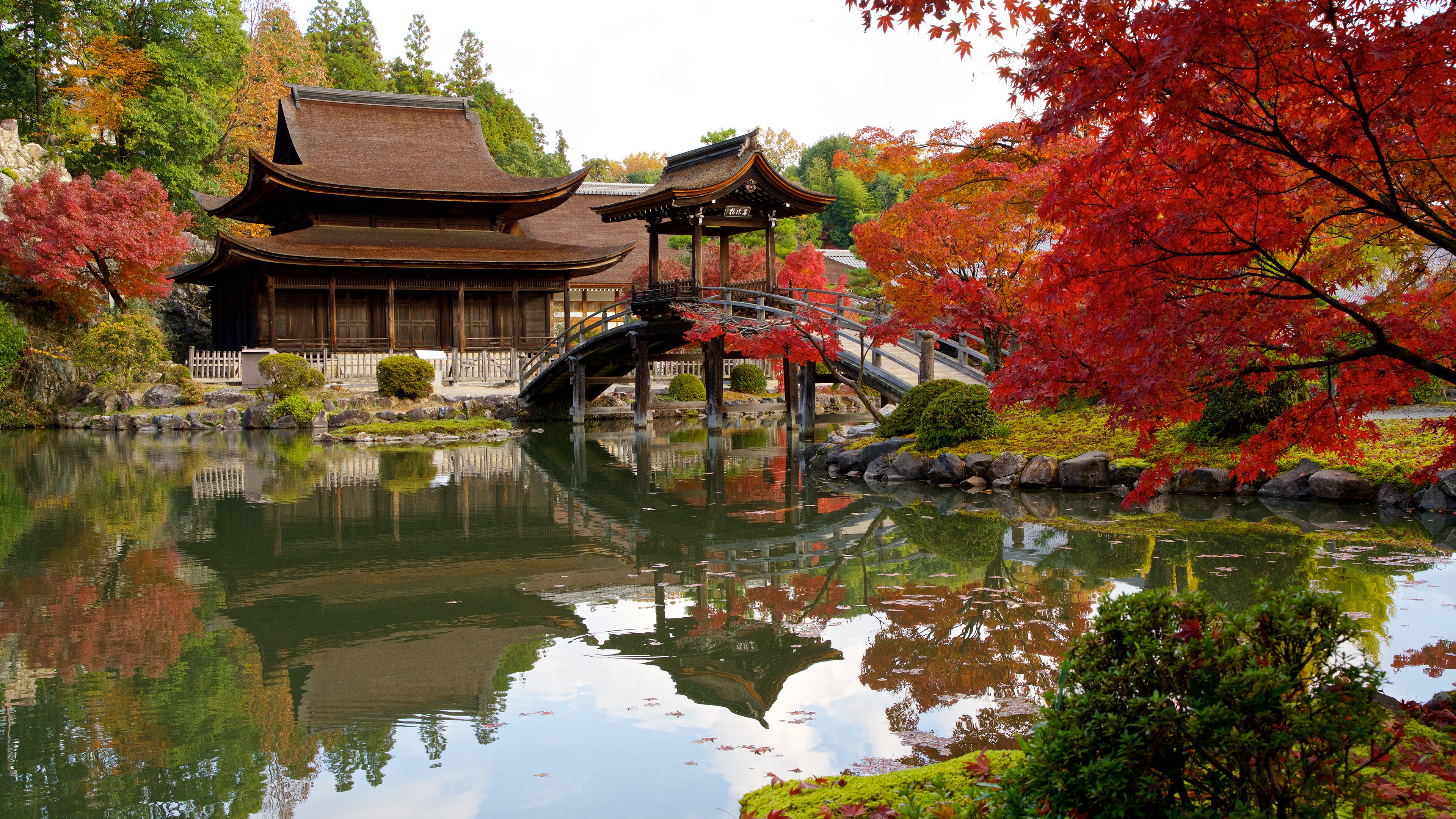 Free download wallpaper Reflection, Park, Fall, Pagoda, Garden, Pond, Religious on your PC desktop