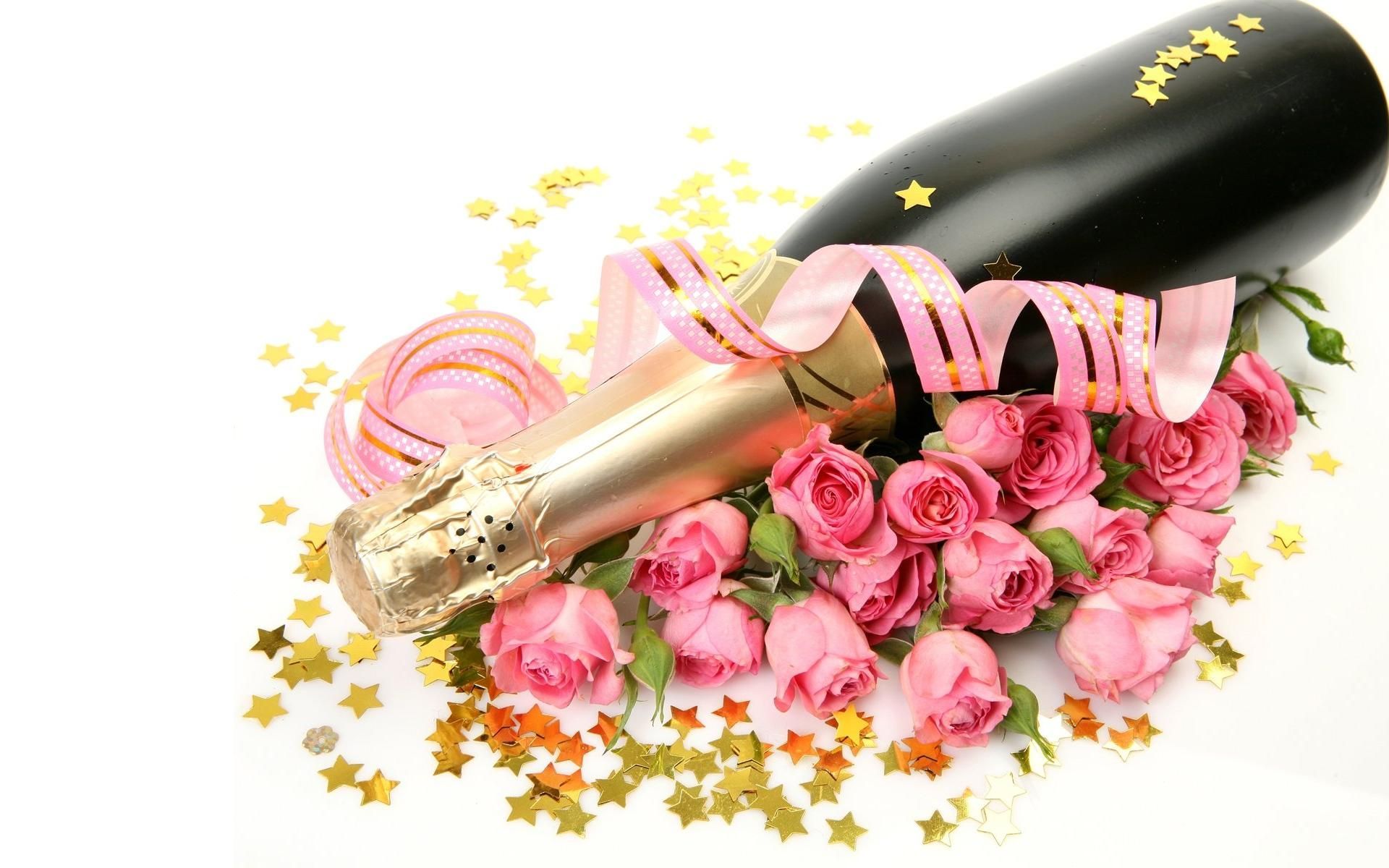 Free download wallpaper Food, Stars, Rose, Champagne, Bottle on your PC desktop