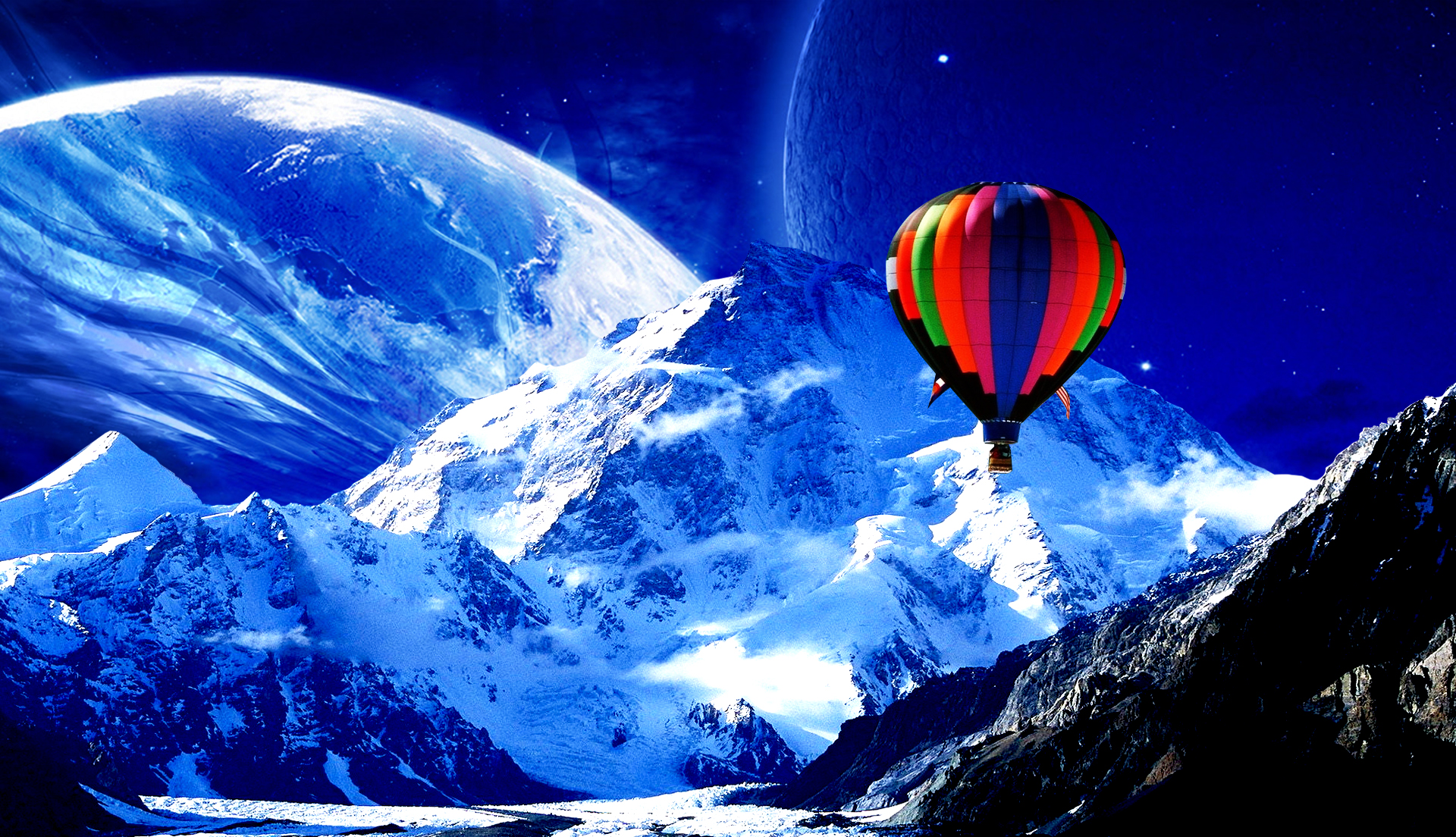 Download mobile wallpaper Landscape, Winter, Moon, Snow, Mountain, 3D, Balloon, Photography, Psychedelic, Scenic, Cgi, Manipulation, Trippy, Hot Air Balloon for free.