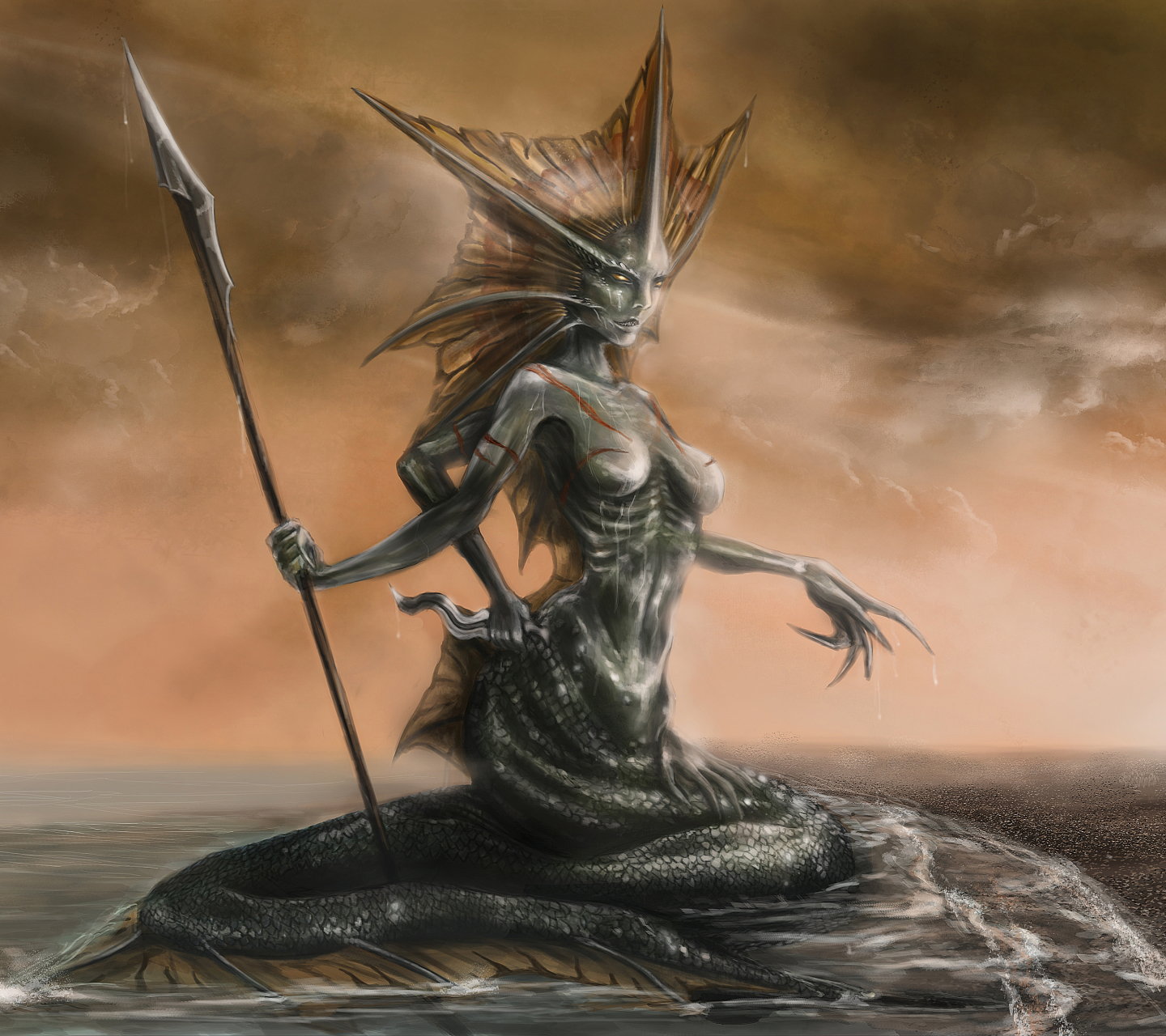 Download mobile wallpaper Fantasy, Creature, Spear, Sea Monster, Naga for free.
