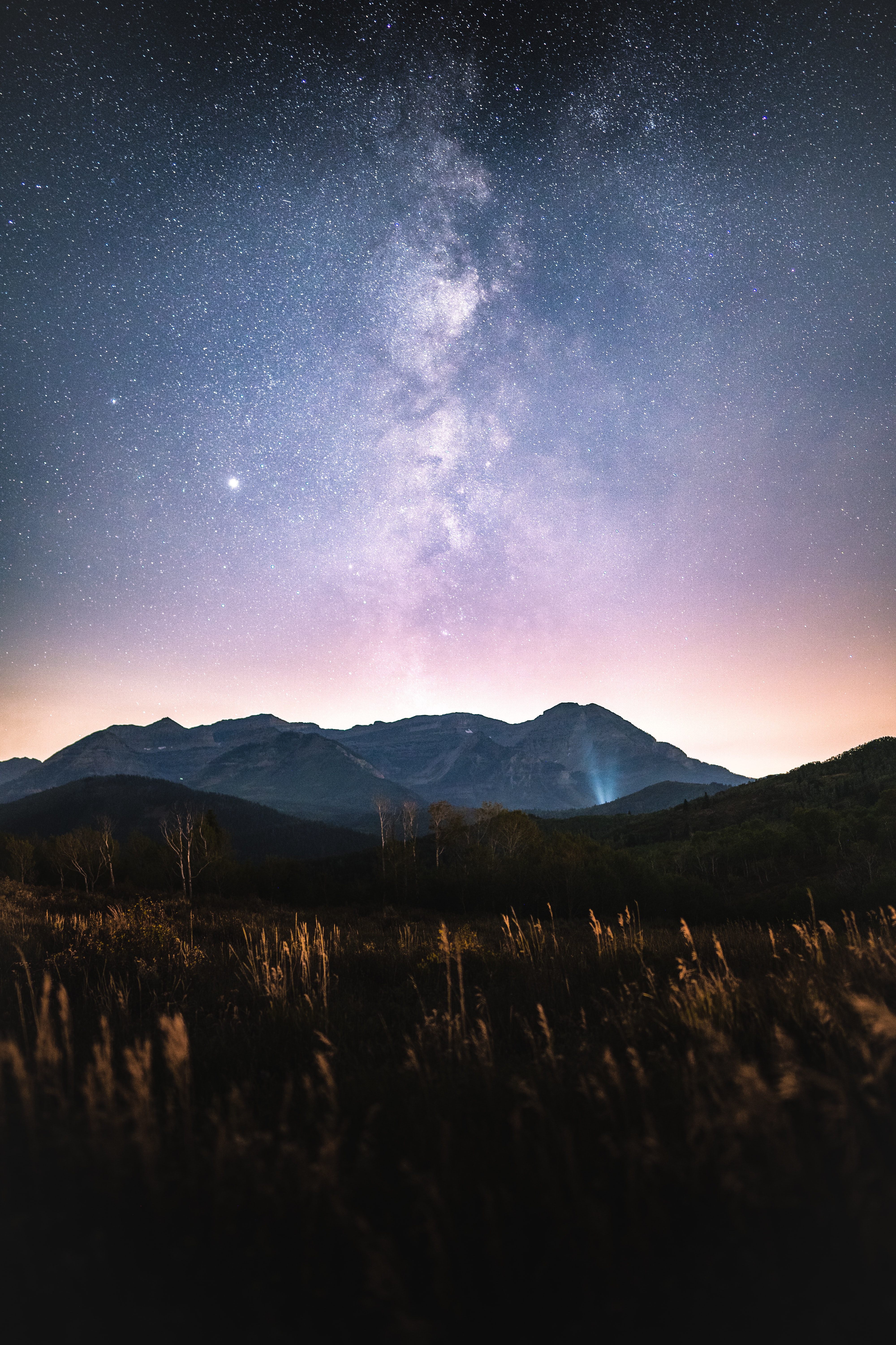 Download mobile wallpaper Mountains, Nature, Trees, Stars, Nebula for free.