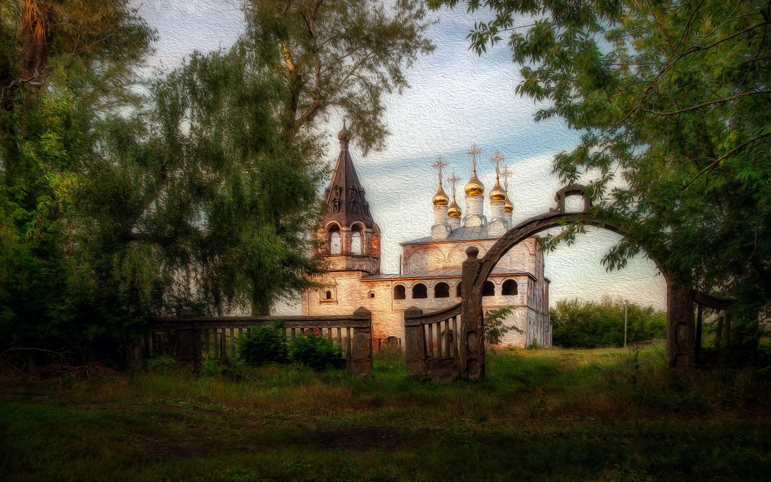 Download mobile wallpaper Tree, Fence, Arch, Painting, Artistic, Russia, Church, Oil Painting for free.