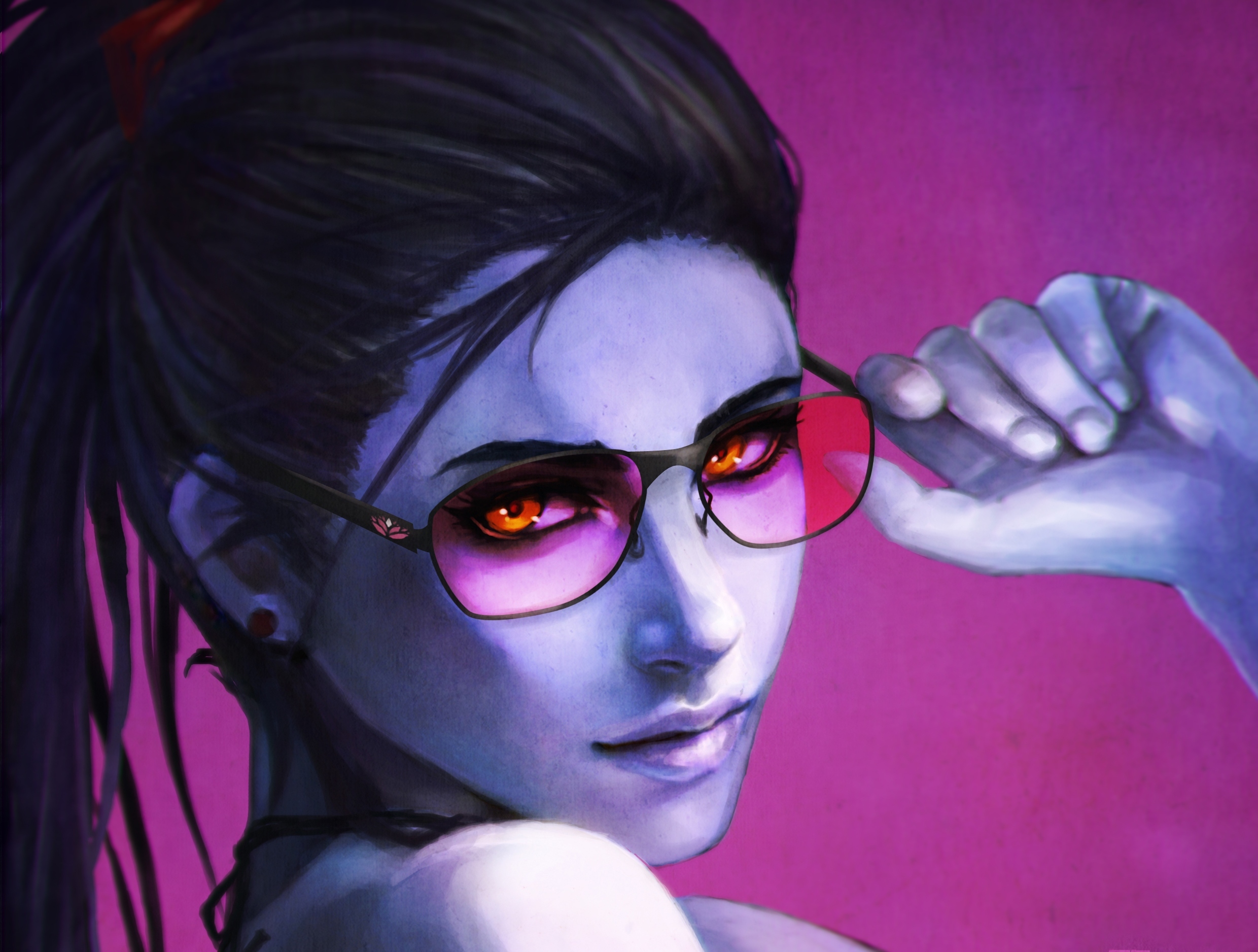 Download mobile wallpaper Face, Sunglasses, Overwatch, Video Game, Orange Eyes, Widowmaker (Overwatch) for free.
