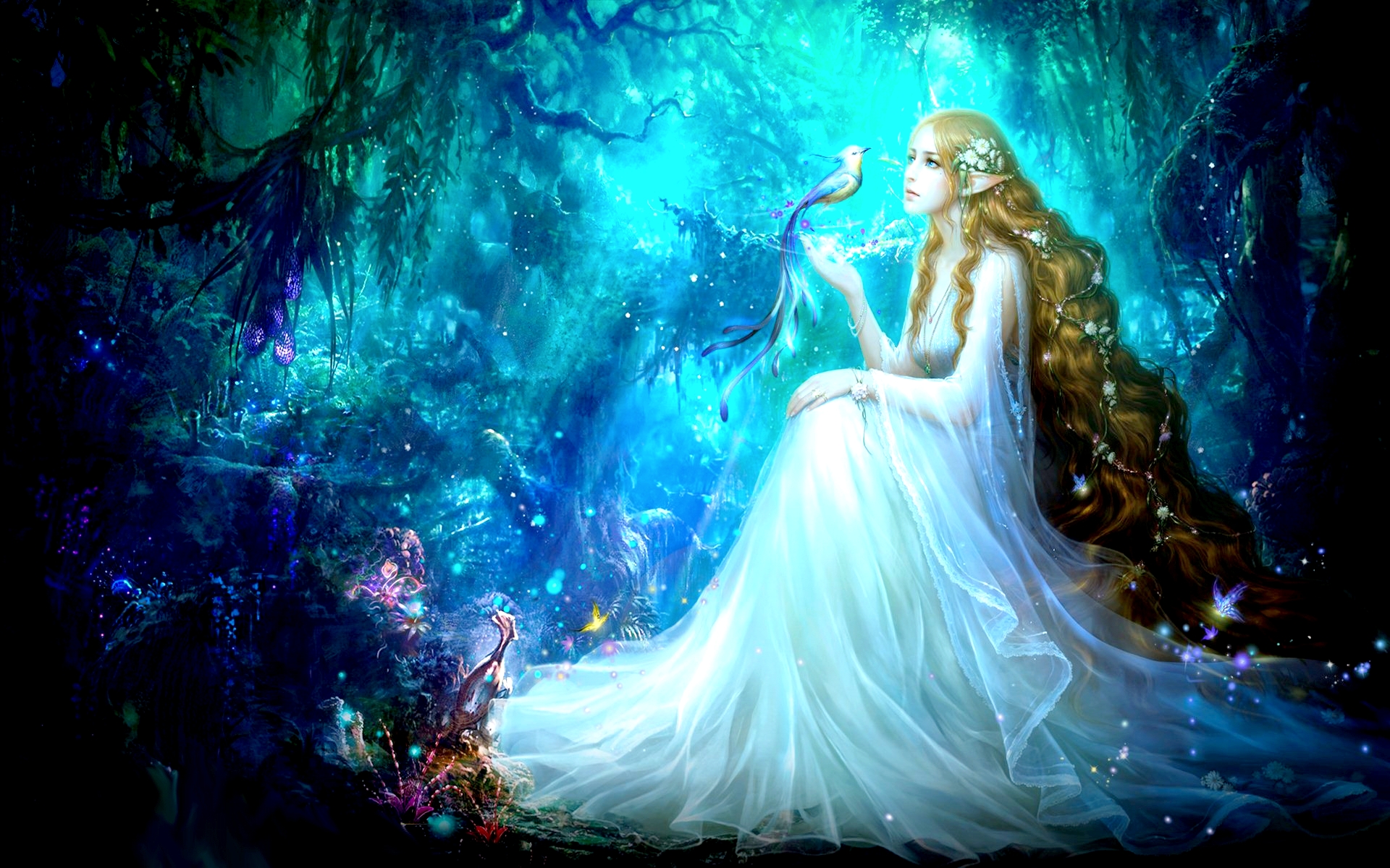 Free download wallpaper Fantasy, Bird, Forest, Elf, Blue Eyes, Long Hair, Pointed Ears, White Dress on your PC desktop
