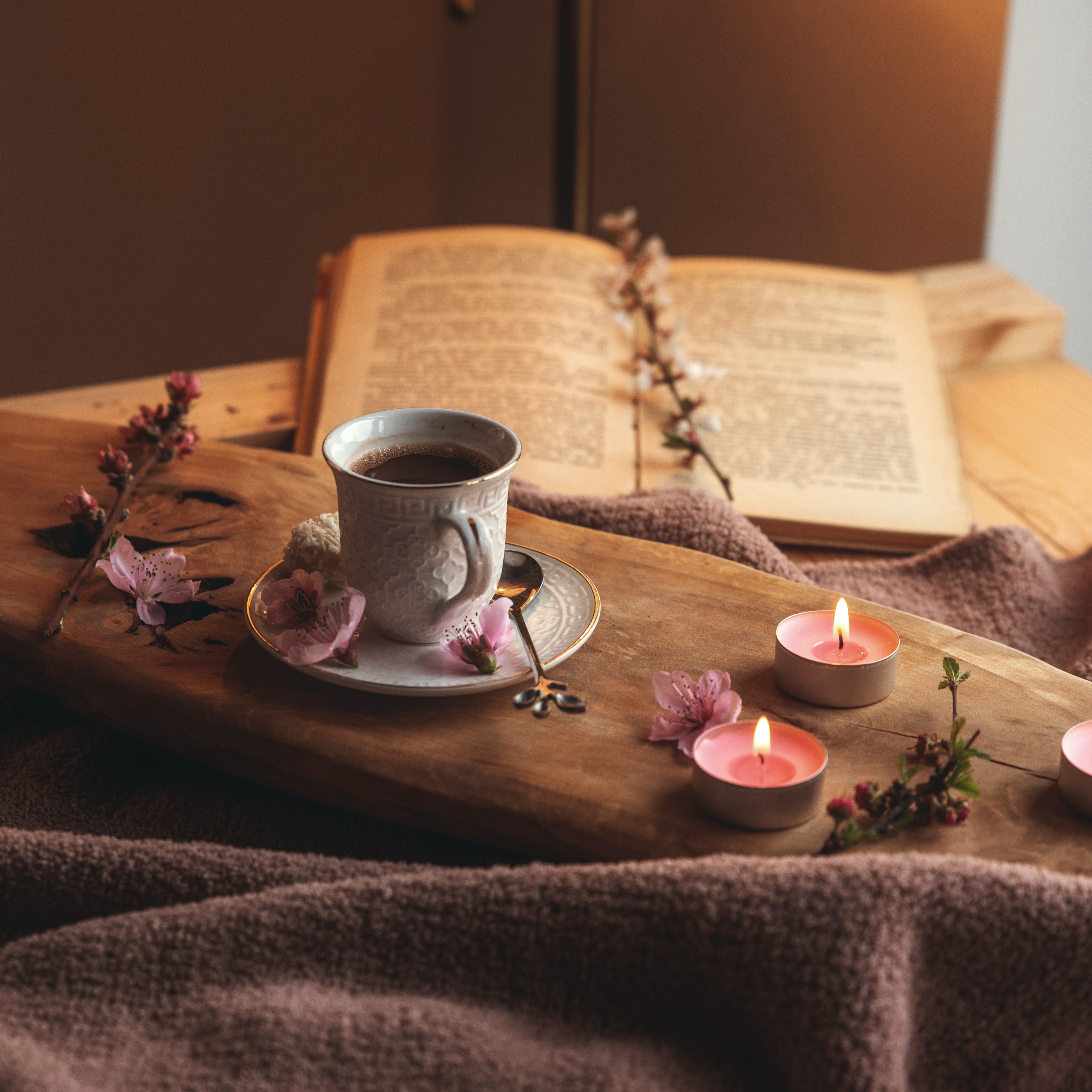 cup, book, cocoa, beverage, flowers, food, drink